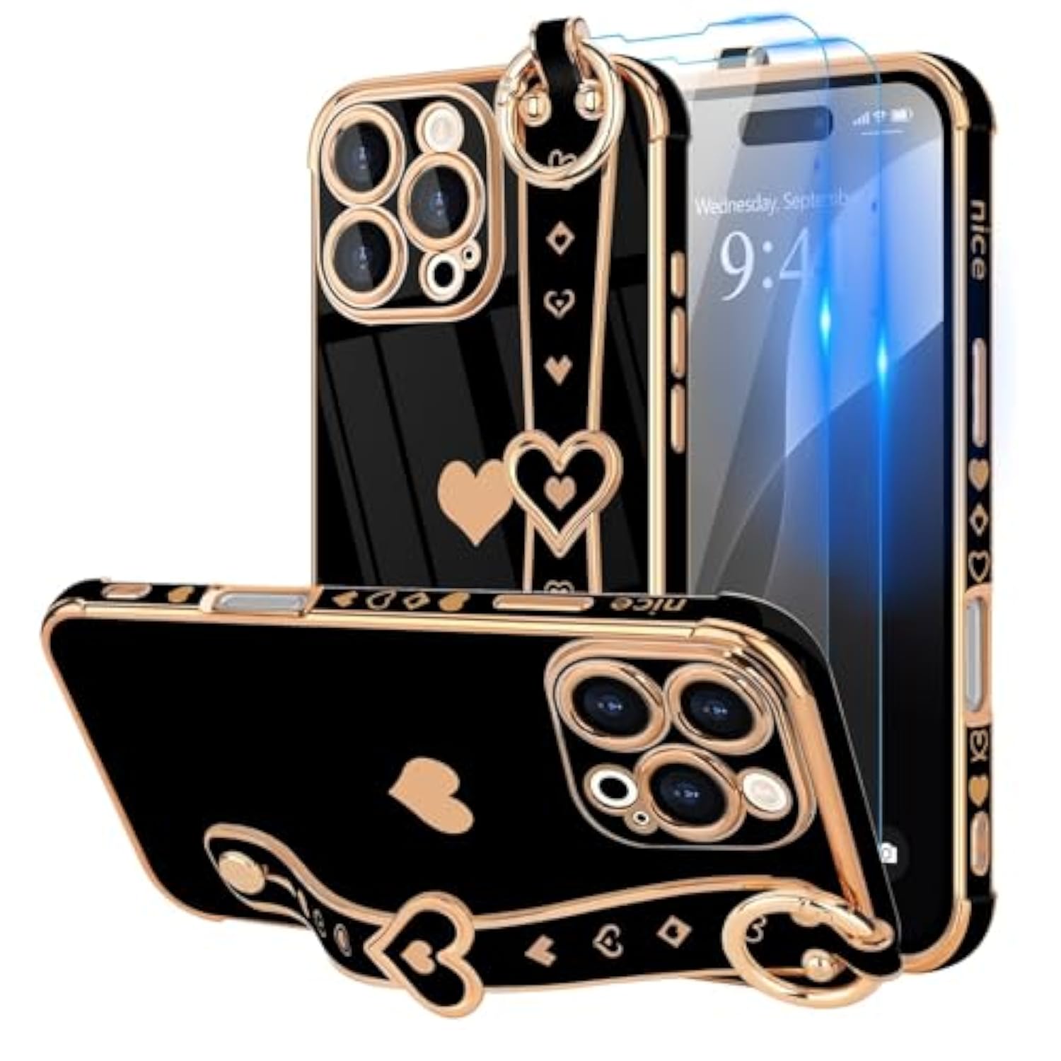 Compatible With Iphone 16 Pro Max Case With Strap For Women Girls [2× Screen Protectors], Cute Love-Hearts, Wristband Kickstand Luxury Plating Edge Protective Phone Case (6.9") - Black