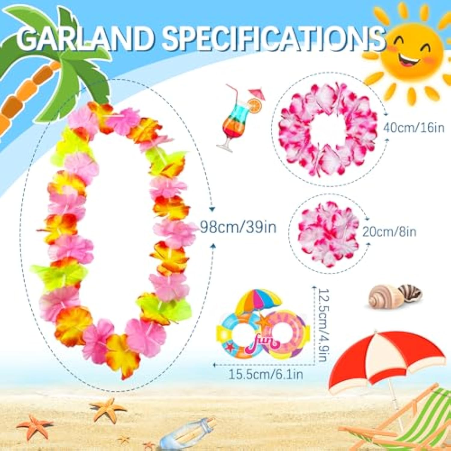 62 Pcs Hawaiian Leis For Luau Party Hawaii Leis Bulk - Tropical Hula Dance Decor Flowers Necklaces, Flower Headbands, Paper Glasses, Summer Beach Hawaii Party Favors