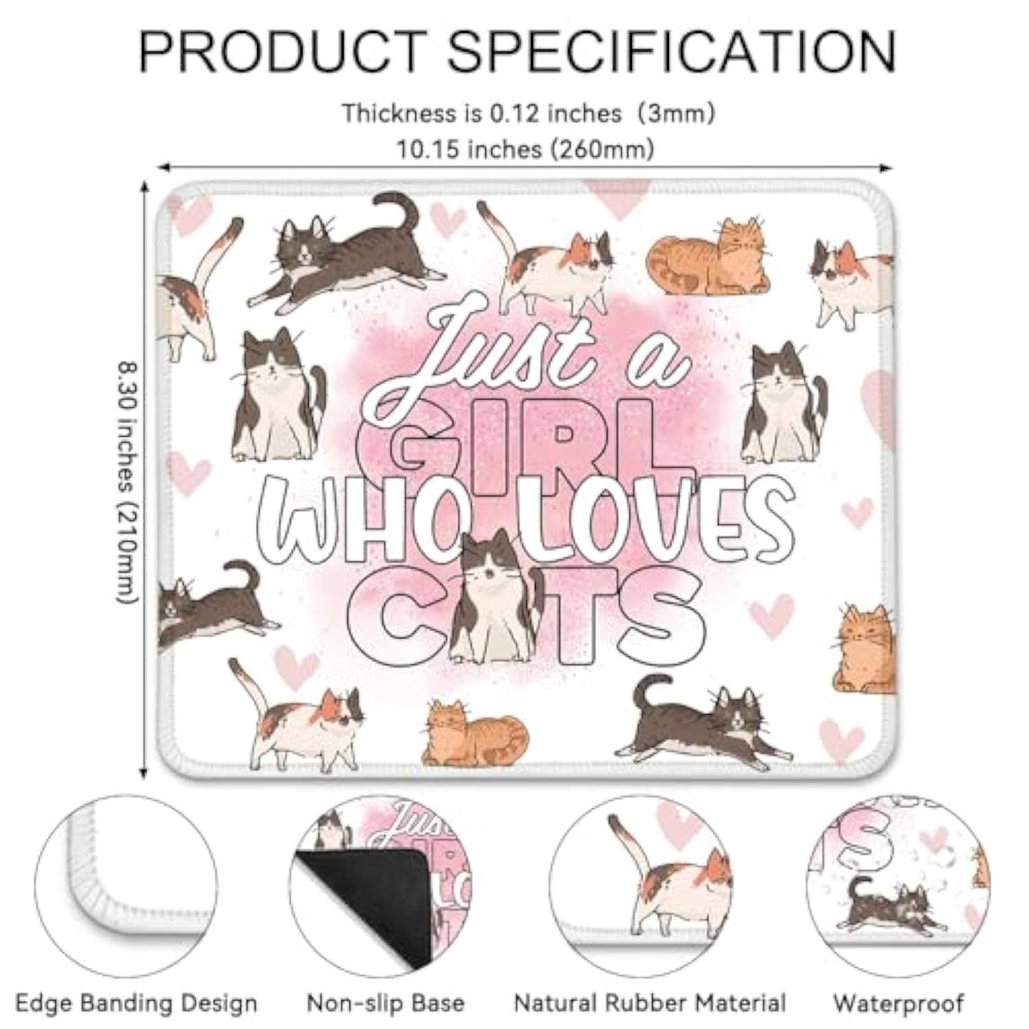Just A Girl Who Loves Cats Mouse Pad, Cute Cat Desk Mat, Cartoon Cat Work Place Mousepad, Kawaii Cats Travel Mousepad Gifts For Cat Lover Coworker Cat Mom Cat Owne Bff Women