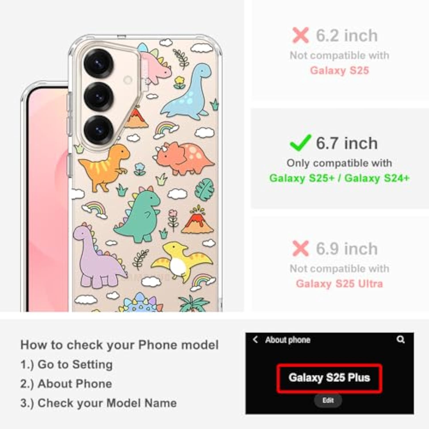 Case For Samsung Galaxy S25 Plus, [Buffertech 6.6Ft Military-Grade Drop Protection] [Anti Peel Off Tech] Clear Tpu Bumper Phone Case Cover Design - Dinosaur Land