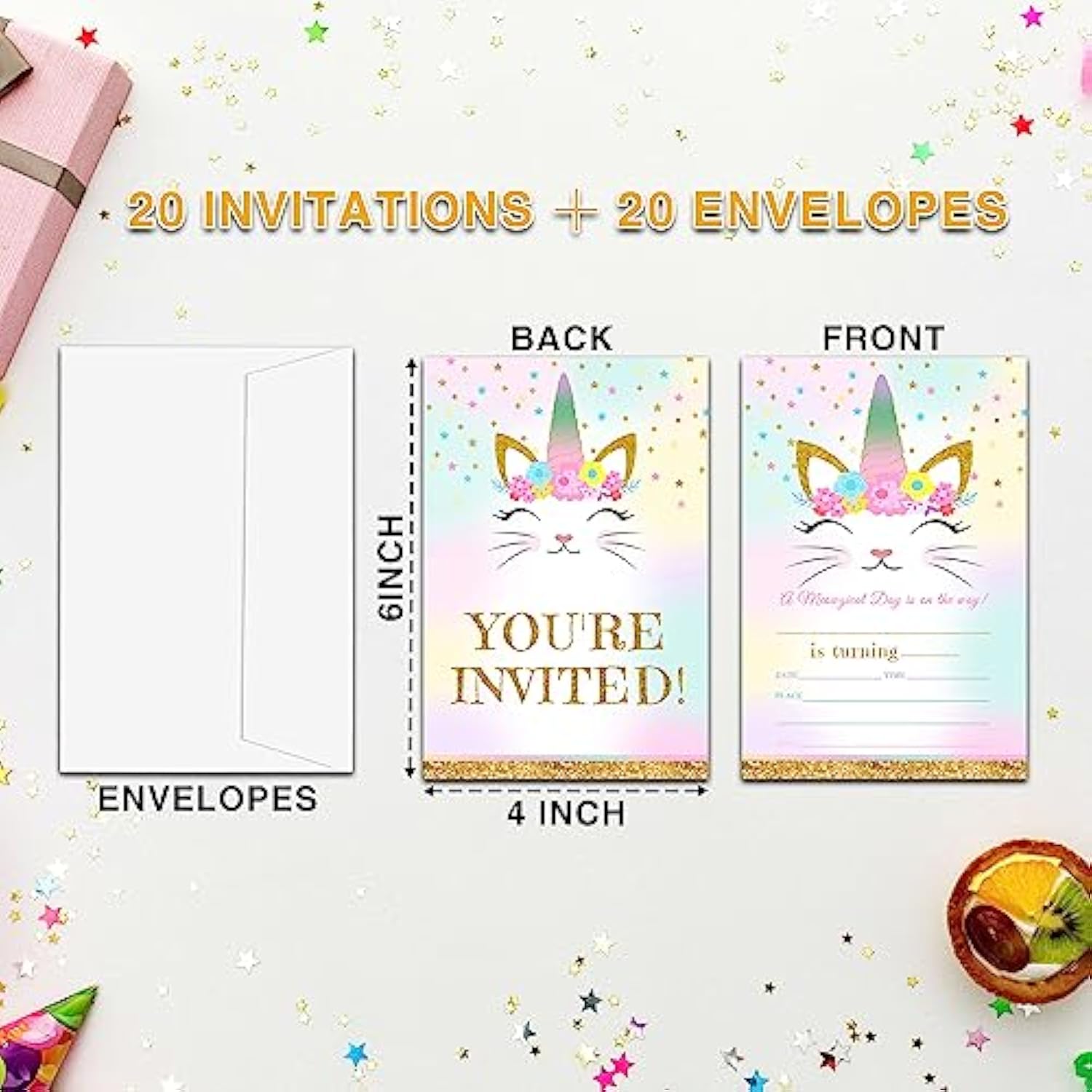Caticorn Birthday Invitations For Kids, Kitty Unicorn Birthday Party Invitation Cards, Rainbow Cat Floral Party Celebration Supplies Decoration -20 Fill In Invitations With Envelopes (B03)