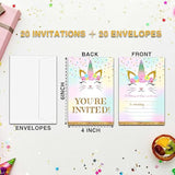 Caticorn Birthday Invitations For Kids, Kitty Unicorn Birthday Party Invitation Cards, Rainbow Cat Floral Party Celebration Supplies Decoration -20 Fill In Invitations With Envelopes (B03)