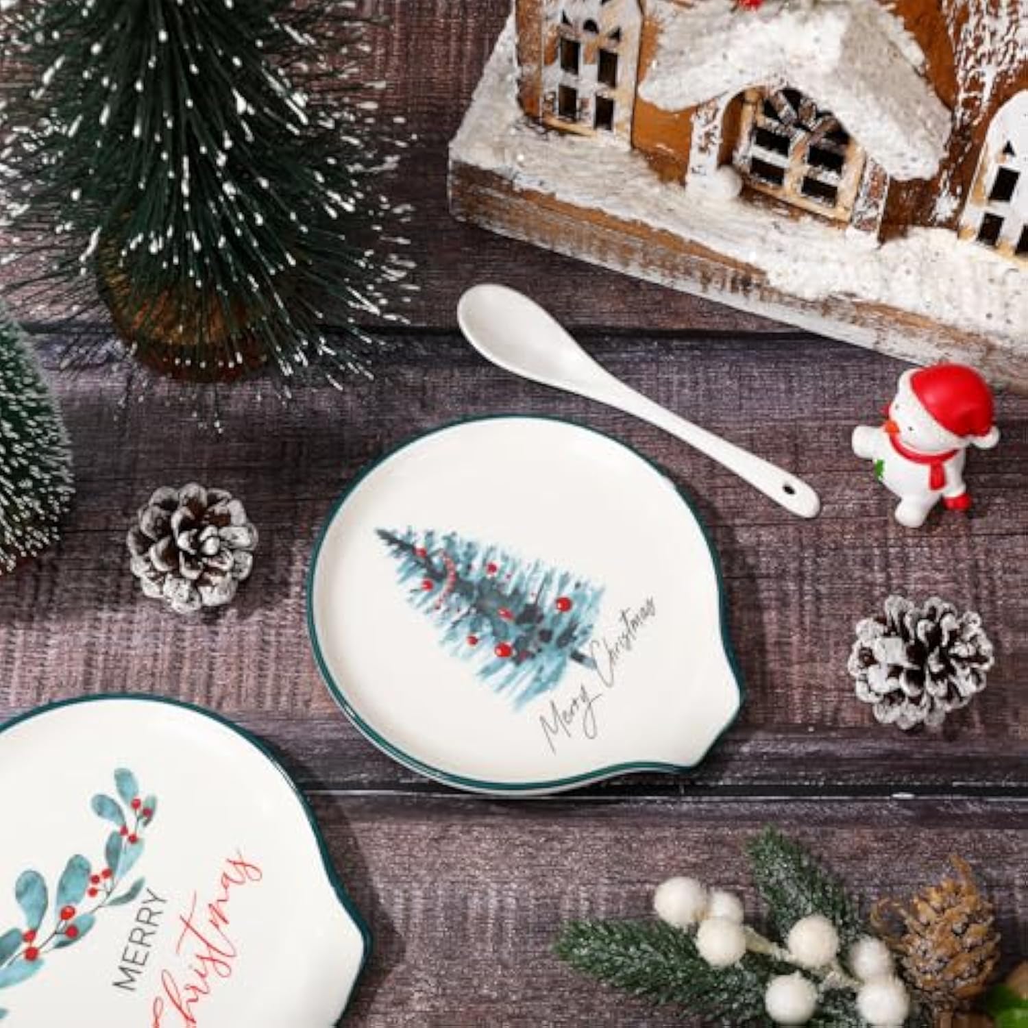4Pcs 4.7Inch Merry Christmas Spoon Rest Watercolor Xmas Tree Plant Small Coffee Spoon Holder For Winter Xmas Coffee Stirrers Teaspoon Bar Coffee Station Accessories