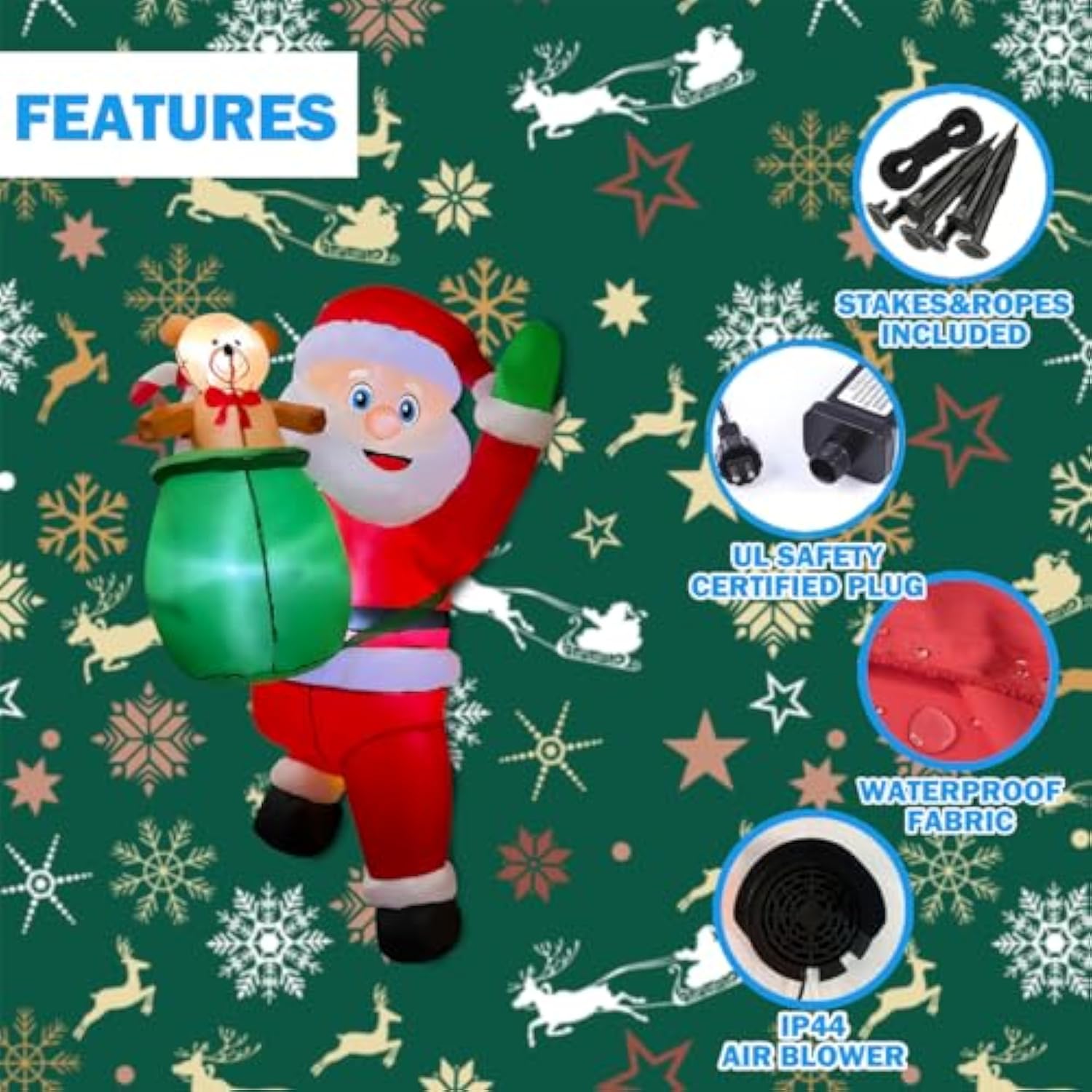3.4Ft Christmas Inflatable Hanging Santa With Gift Bag Decorations, Blow Up Climbing Santa With Build-In Led For Xmas Pa