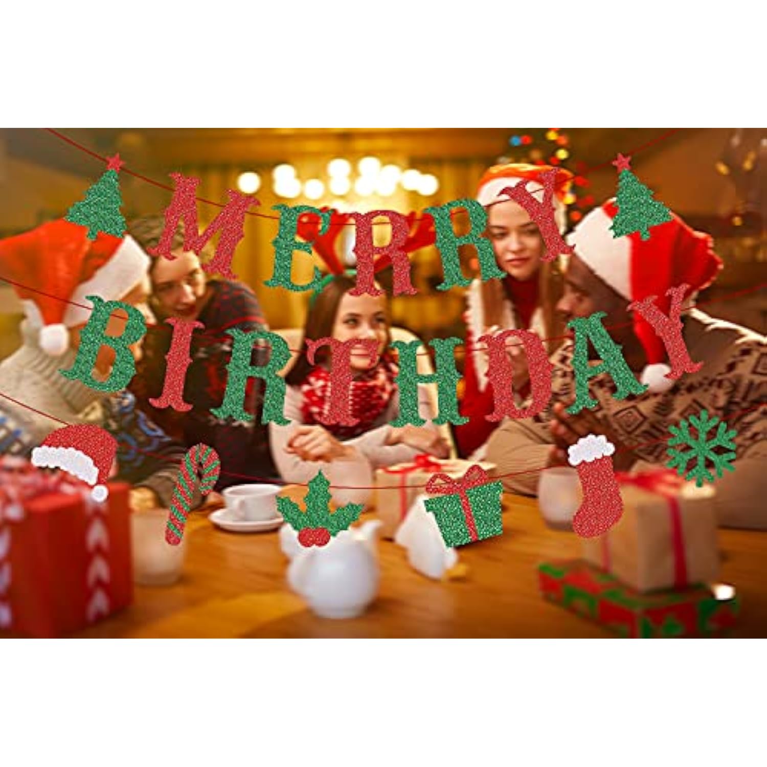 Merry Birthday Banner, 3Pcs Glittery Merry Christmas Birthday Banner, Red & Green Christmas Party Home Mantle Decorations