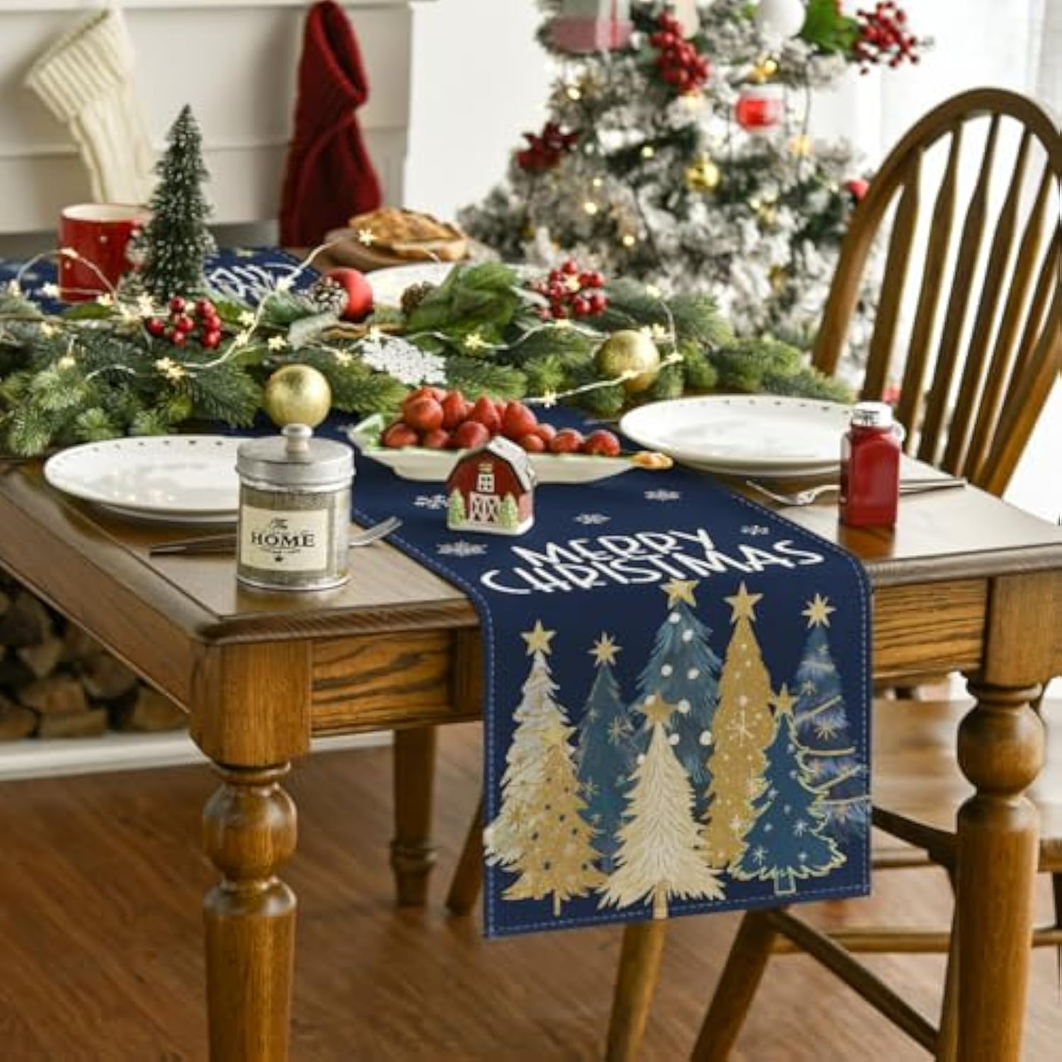 Xmas Trees Snowflakes Blue Merry Christmas Table Runner, Winter Seasonal Kitchen Dining Table Decoration For Home Party Decor 13X72 Inch