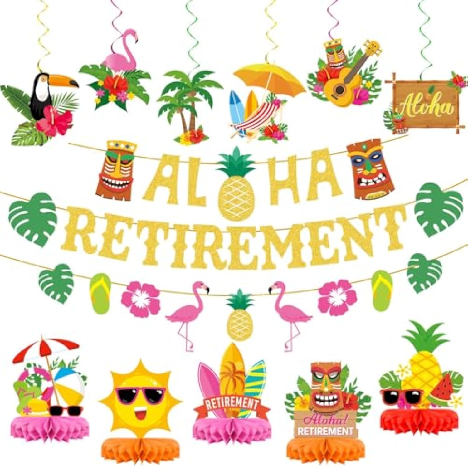 Hawaiian Luau Retirement Party Decorations Aloha Banners Happy Retirement Hanging Swirls Tropical Honeycombs 3D Flamingo Palm Pineapple Table Centerpieces For Summer Beach Party Supplies Favor Decor