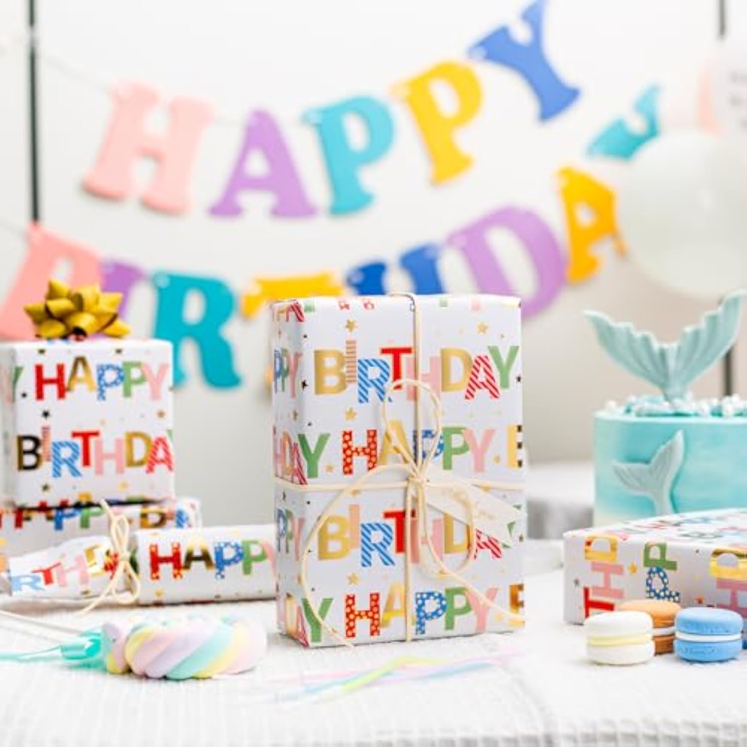 Colorful Happy Birthday Wrapping Paper – 17"x32.8' with Foil & Candles Design