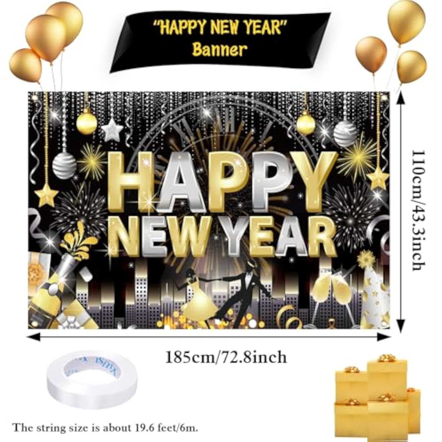 Gold Black New Year 2026 Backdrop with Silver Balloons Party Decorations