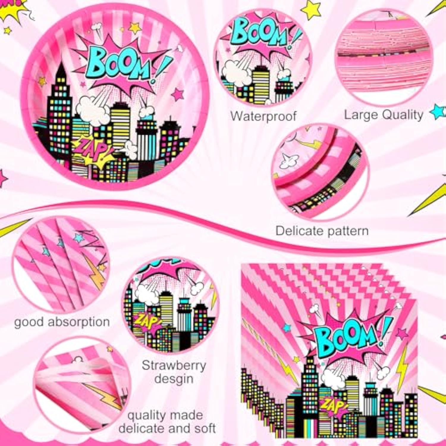 219 Pcs Pink Hero Birthday Party Decorations Girl Pink Comic Hero Plates Napkins Cups Tablecloth Cutlery Straw Disposable Tableware Set For Birthday Baby Shower Party Supplies, Serves 24