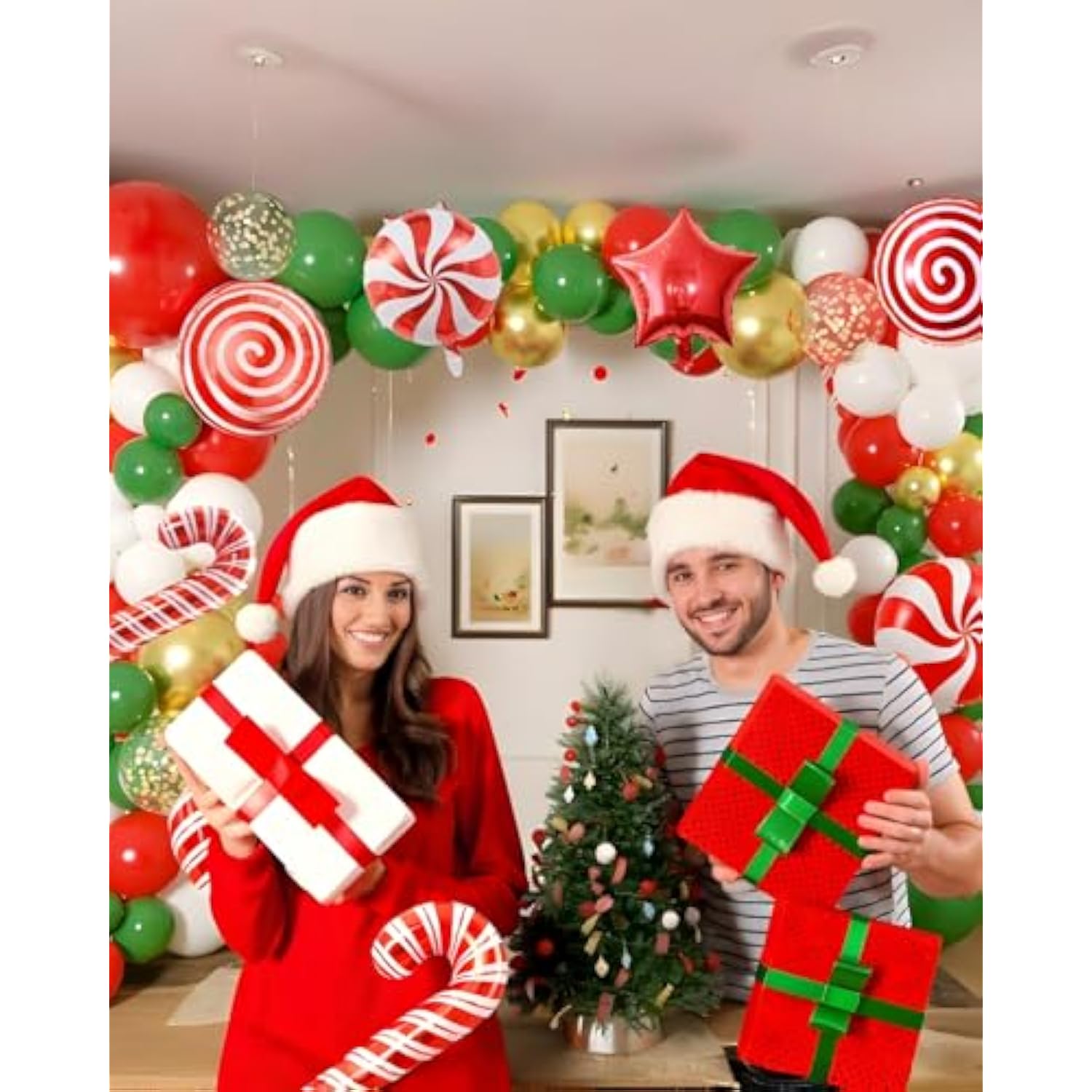 Christmas Balloons Garland Arch Kit, 133Pcs Red Green White Xmas Balloons Different Sizes 18 12 5 Inch With Candy,Cane,Star Foil Balloons For Christmas Party Decorations Indoor