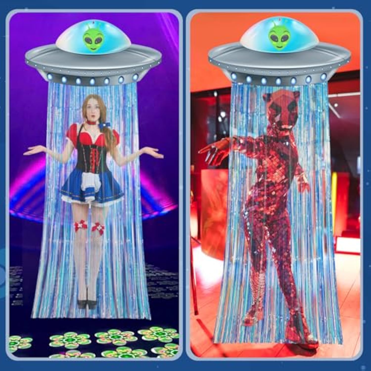 Alien Birthday Party Decorations Door Curtain With Foil Fringe Tinsel Spacecraft Flying Saucer Spaceship Hanging Banner For Alien Halloween Party(Golden Blue)