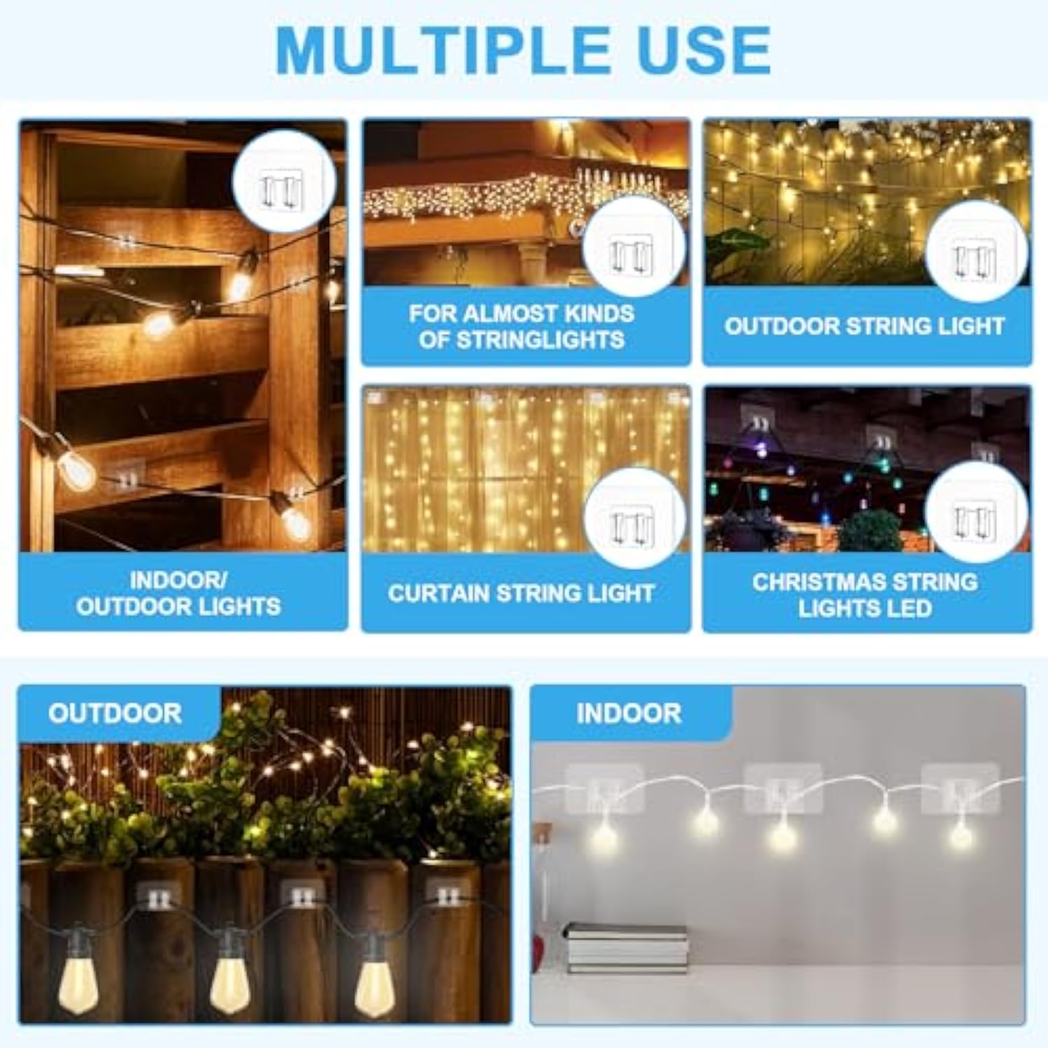 Hooks For Outdoor String Lights,Adhesive Light Clips Hooks For Hanging Christmas Light,Weather Resistant Outside Uv-Resistant Waterproof, No Tools (Clear, 30Pc)