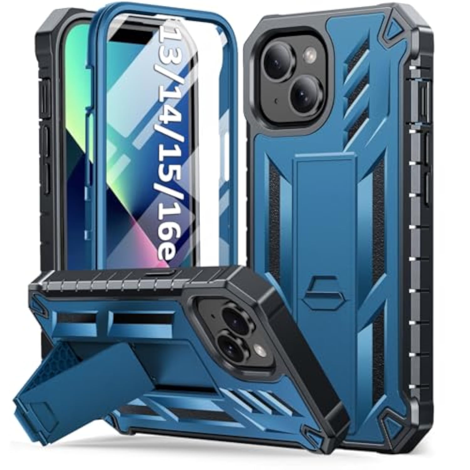 iPhone 13/14/15 Phone Case with Built-in Screen Protector Blue - Premium Protection and Stand Function