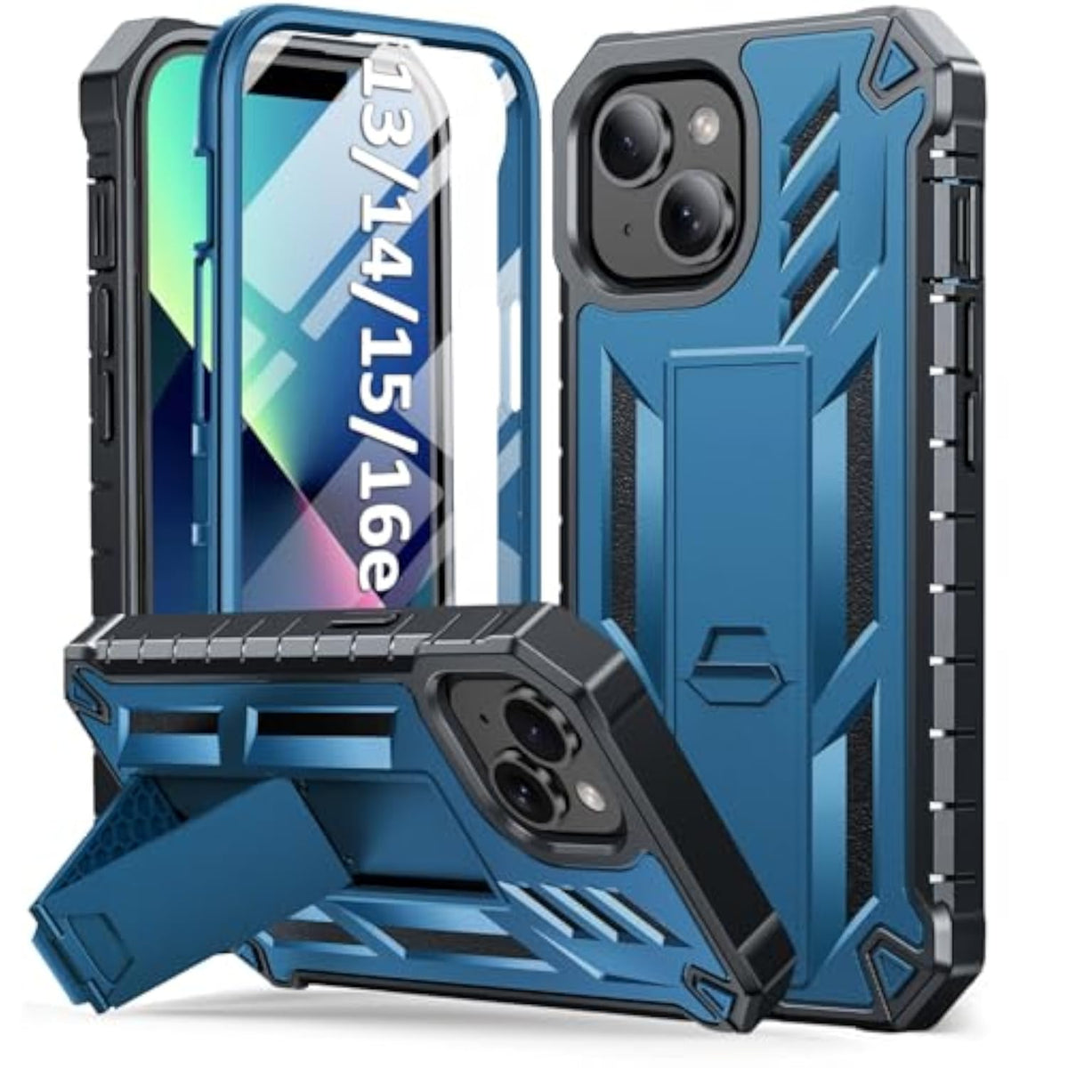 iPhone 13/14/15 Phone Case with Built-in Screen Protector Blue - Premium Protection and Stand Function