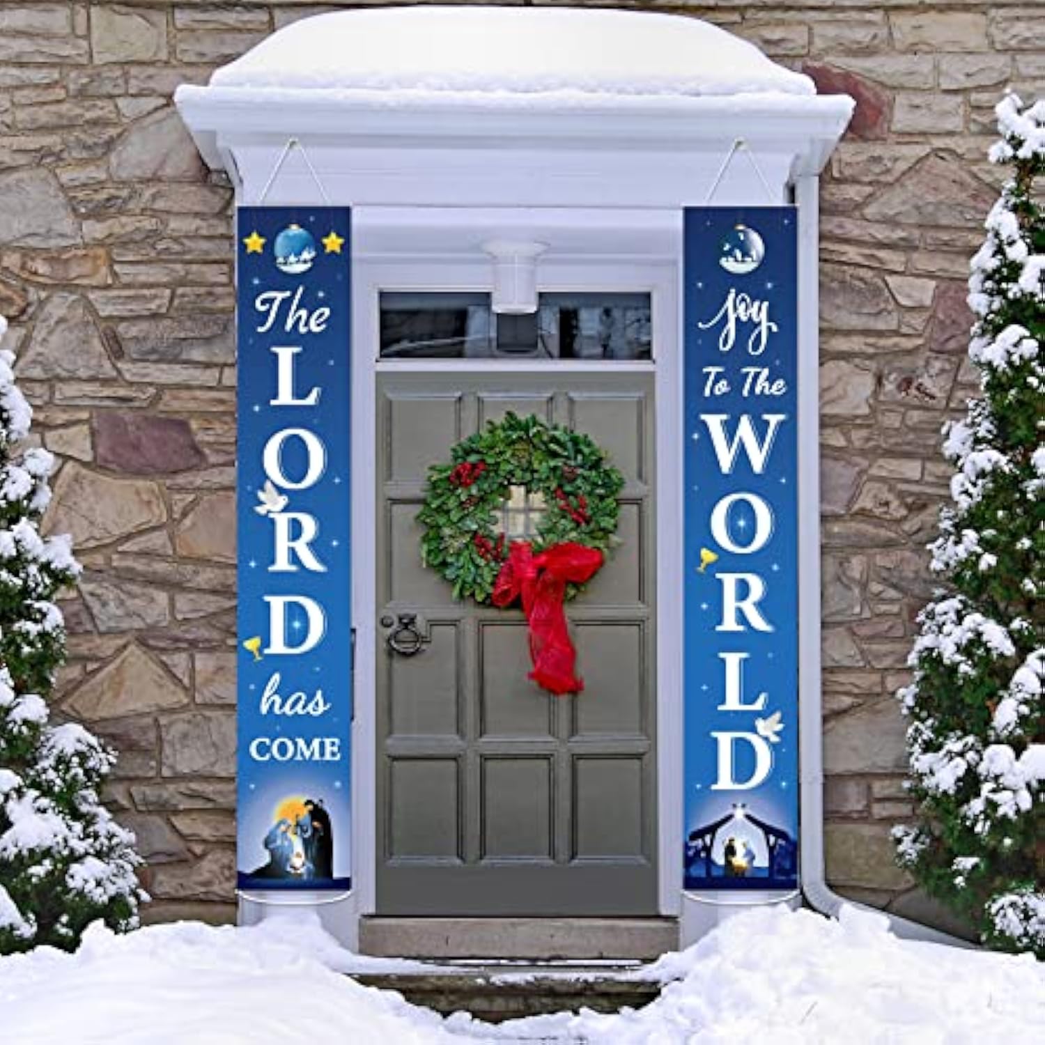 Christmas Nativity Porch Sign Banner Merry Christmas Door Banner Joy To The World Jesus Religious Banner Xmas Holy Nativity Front Porch Home Decorations For Winter Holiday Party