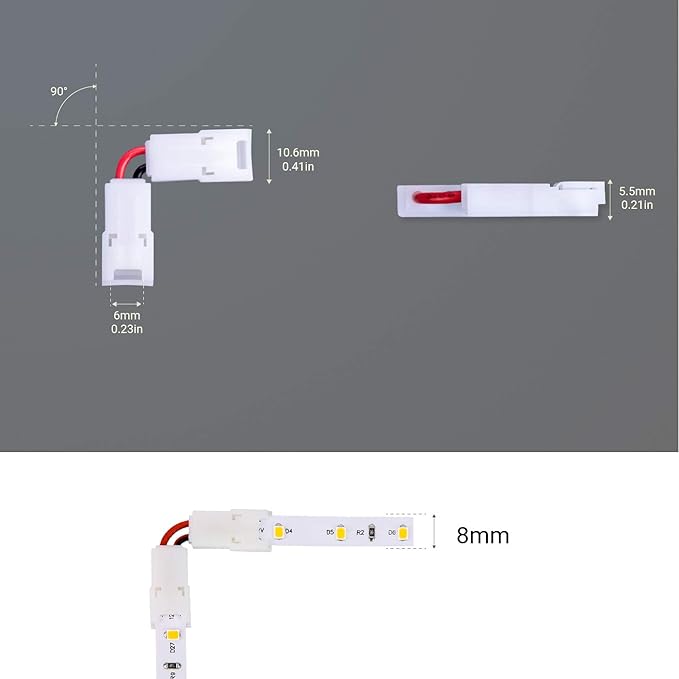 2 Pin 8mm L Shape LED Strip Light Connectors 90 Degree Solderless Corner Clips for 12V 24V Tape Lights 10 Pack