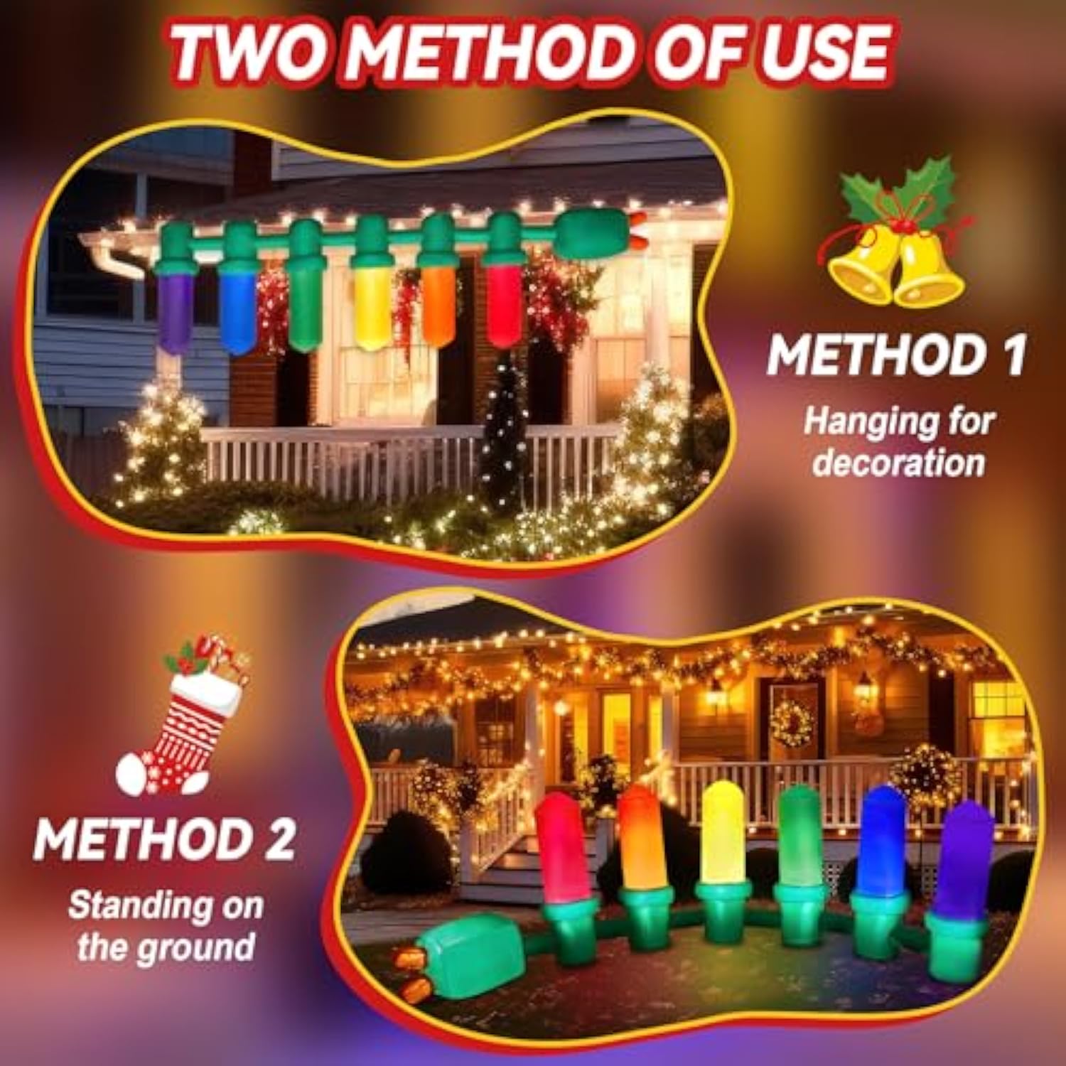 2 Ft Tall 7.7 Ft Long Giant Inflatable Christmas Light Bulb With Led Lights Outdoor Decoration Xmas Blow Up Ornament Bui