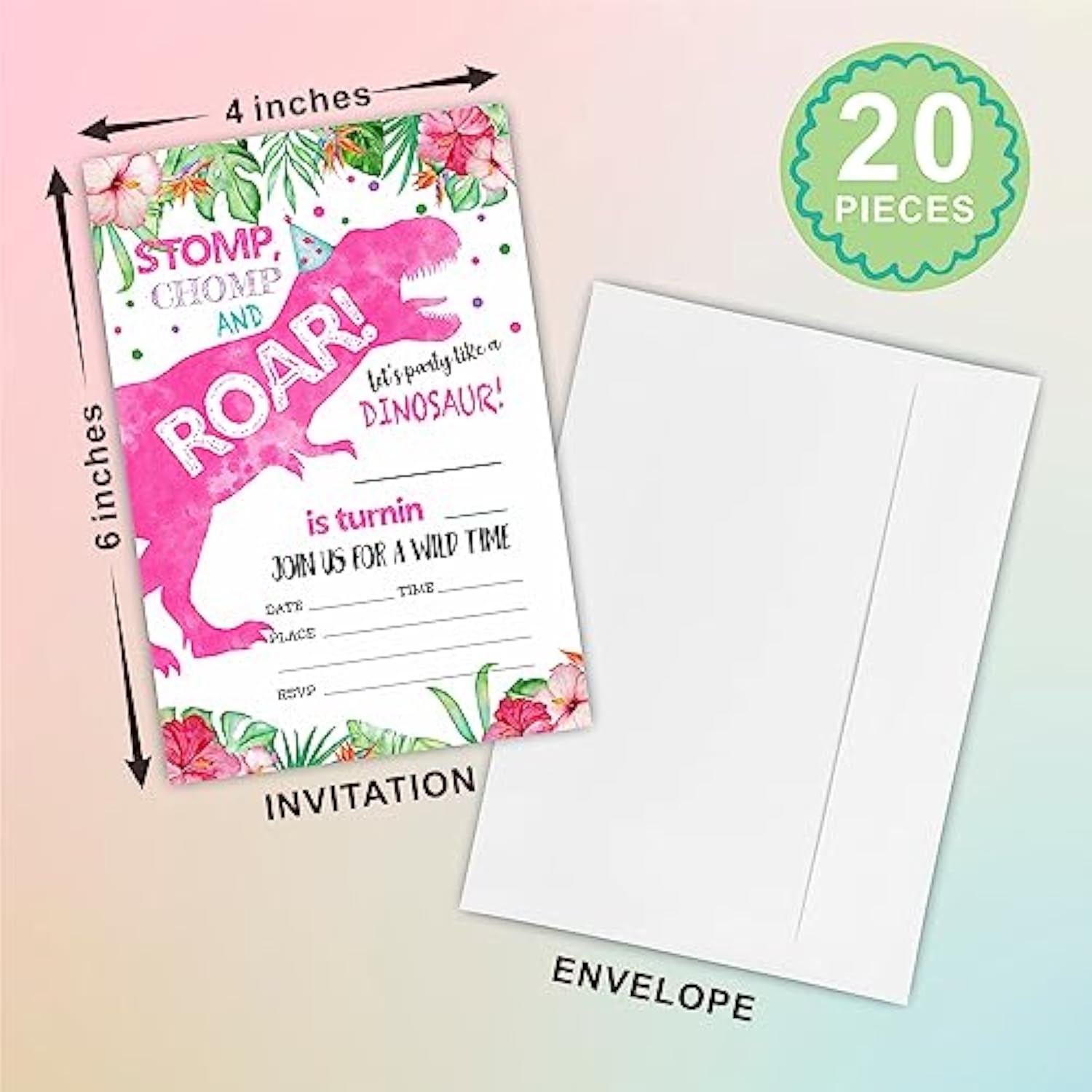 Stomp?Chomp & Roar? Birthday Invitations, Dinosaur Dino Party Invite Cards For Boys & Girls - 20 Jungle Dinosaur Theme Fill-In Invites With Envelopes, Party Favor & Decorations - 32