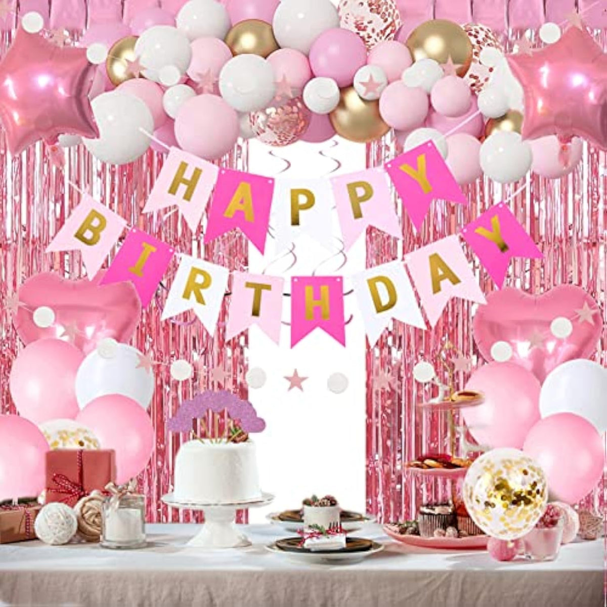 Pink Gold Birthday Party Decorations, Happy Birthday Banner, Pink Fringe Curtain, Heart Star Foil Confetti Balloons, Hanging Swirls For Women Girls Birthdays Princess Party