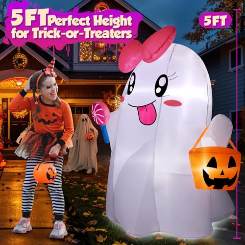 5FT Halloween Inflatables Ghost, Cute Halloween Decorations Outdoor Blow Up Yard Decorations with Built-in Bright LED Lights Pumpkin Lollipop Bow Blow-ups for Indoor Outdoor Holiday Party