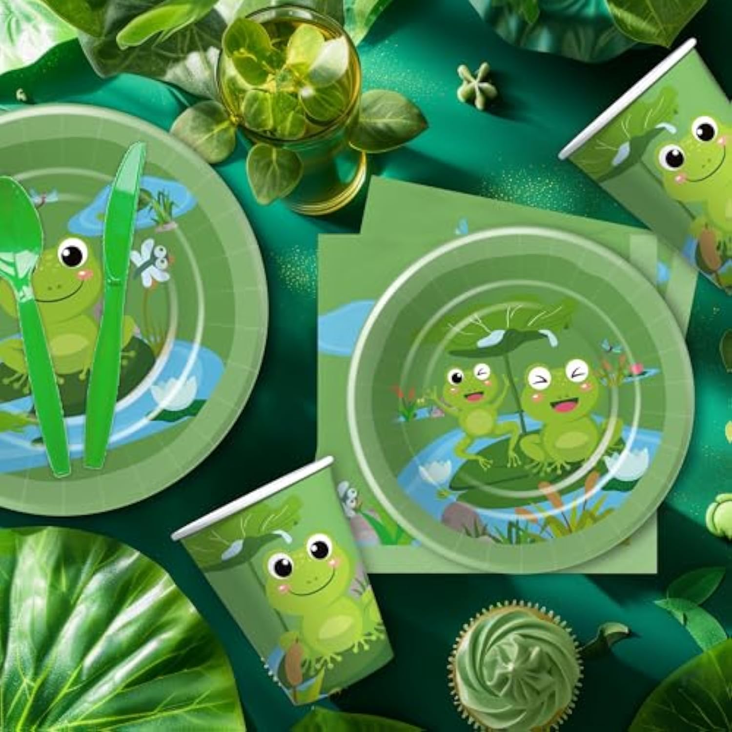 Frog Birthday Decorations Tableware - Green Frog Theme Baby Shower Birthday Party Supplies Decor, Paper Plate, Cup, Napkin, Disposable Cutlery, Serves 24