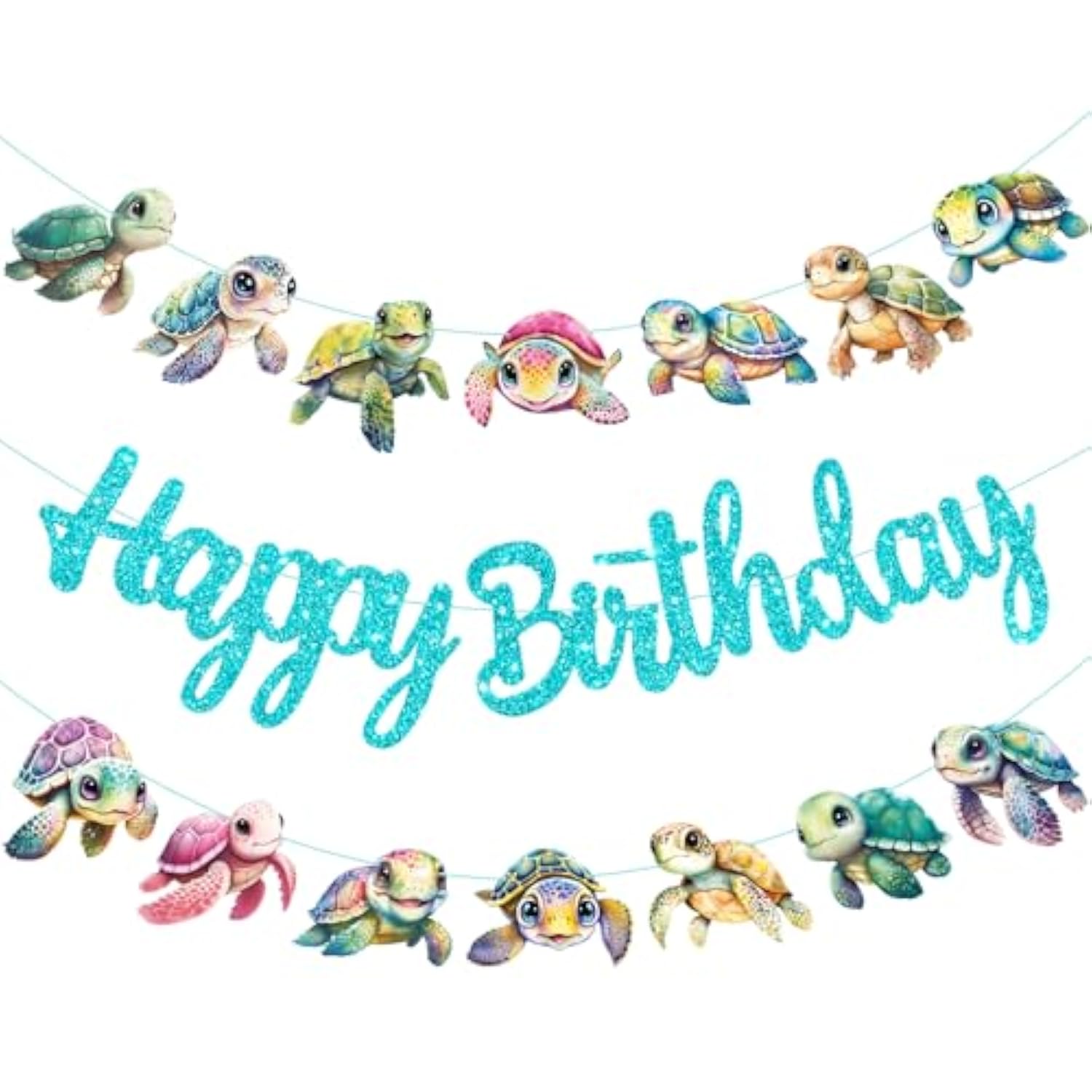 Sea Turtle Happy Birthday Banners 2Pcs Turtle Birthday Party Decorations Glitter Blue Under The Sea Turtles Theme Cutout Banners For Ocean Sea Animals Baby Shower Birthday Party Supplies