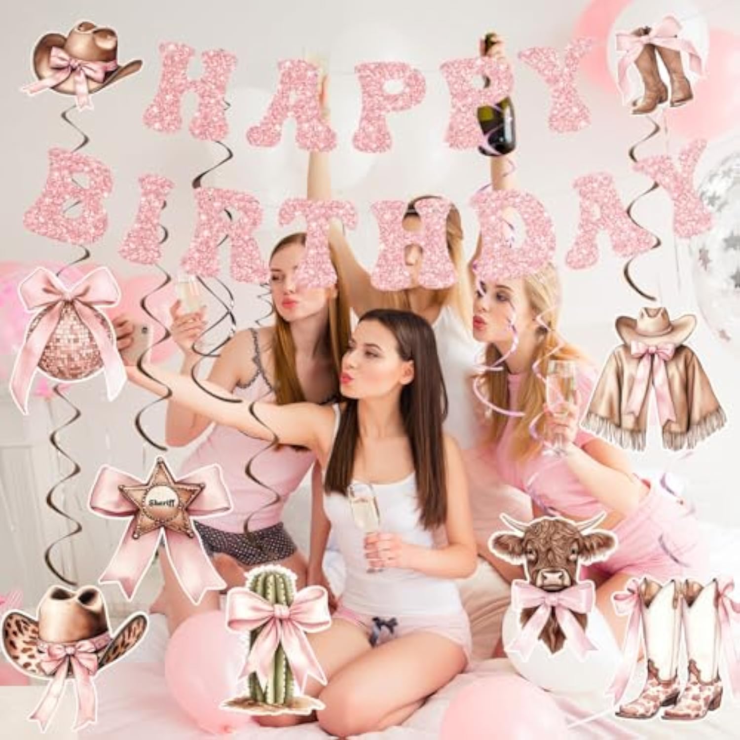 Cowgirl Coquette Pink Birthday Decor with Bows, Swirls & Balloons