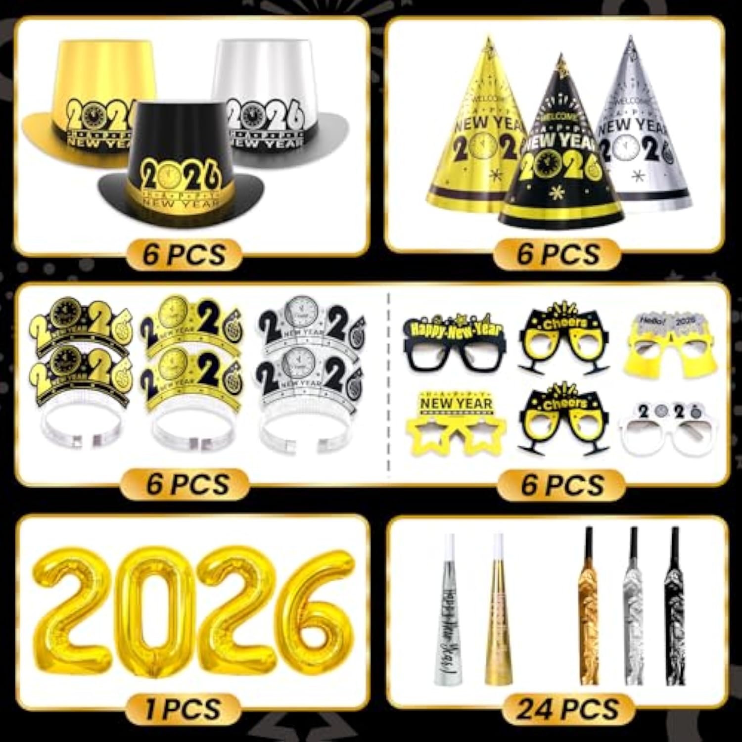 2026 New Year Party Supplies for 24 Guests with Hats, Tiaras, Glasses, and Accessories