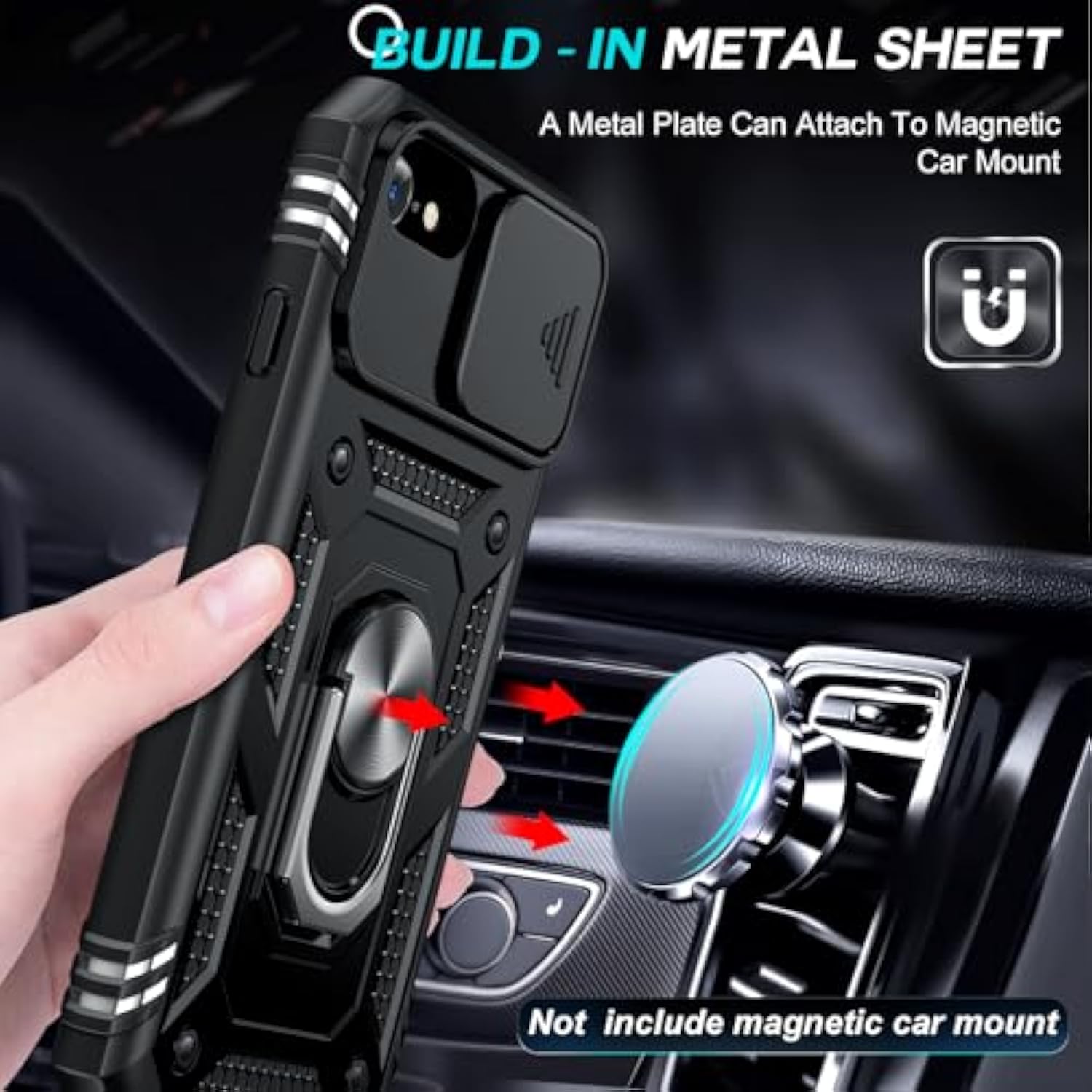 Compatible For Iphone Se 3Rd/ 2Nd Generation Case: 7/8/ Se 2022 2020 Phone Cover With Slide Camera Cover+ 2Pcs Tempered Glass Screen Protector, Full Body Case With Kickstand For Se, Black