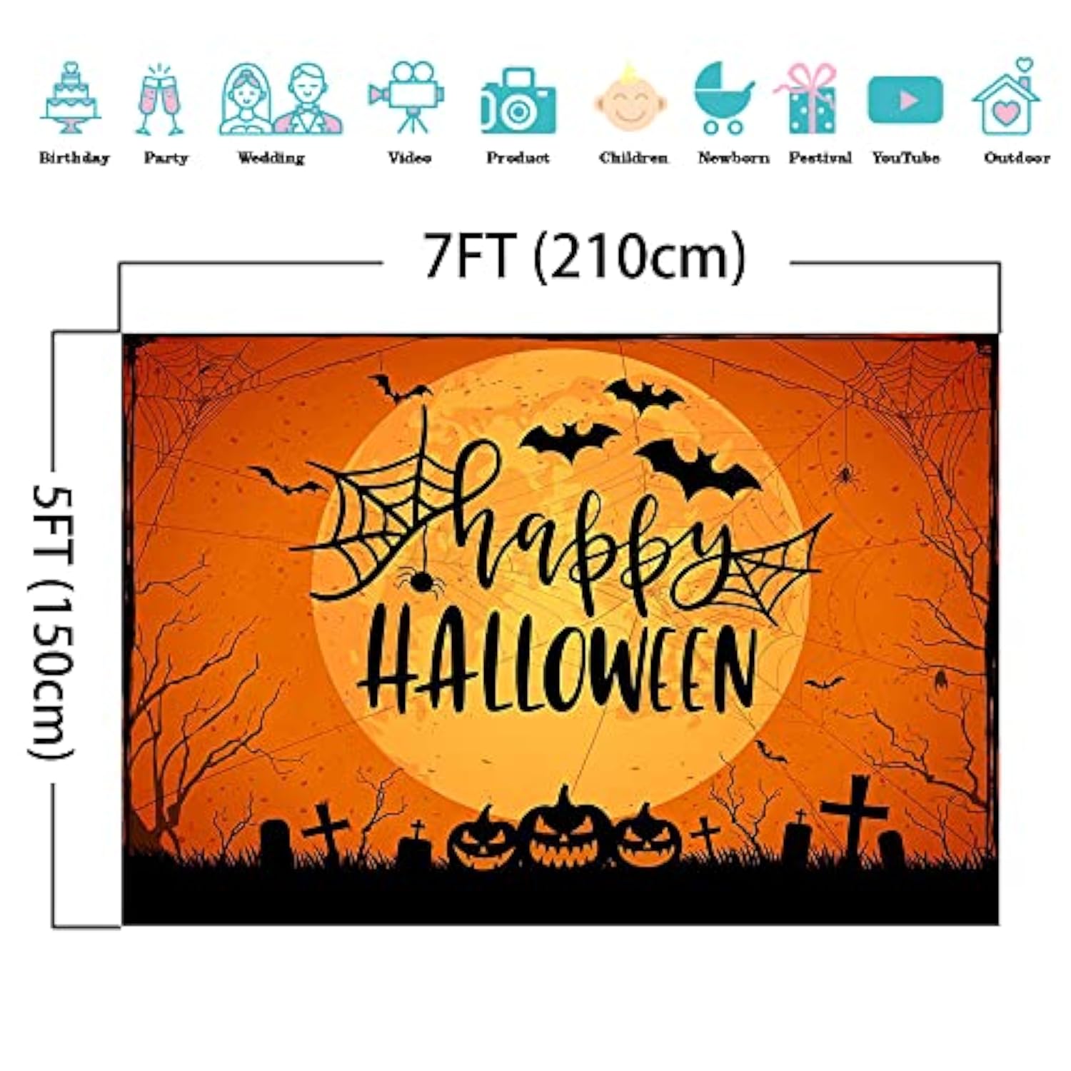 Happy Halloween Backdrop 7x5ft Orange Moon Graveyard Pumpkin Spider Web Party Decoration