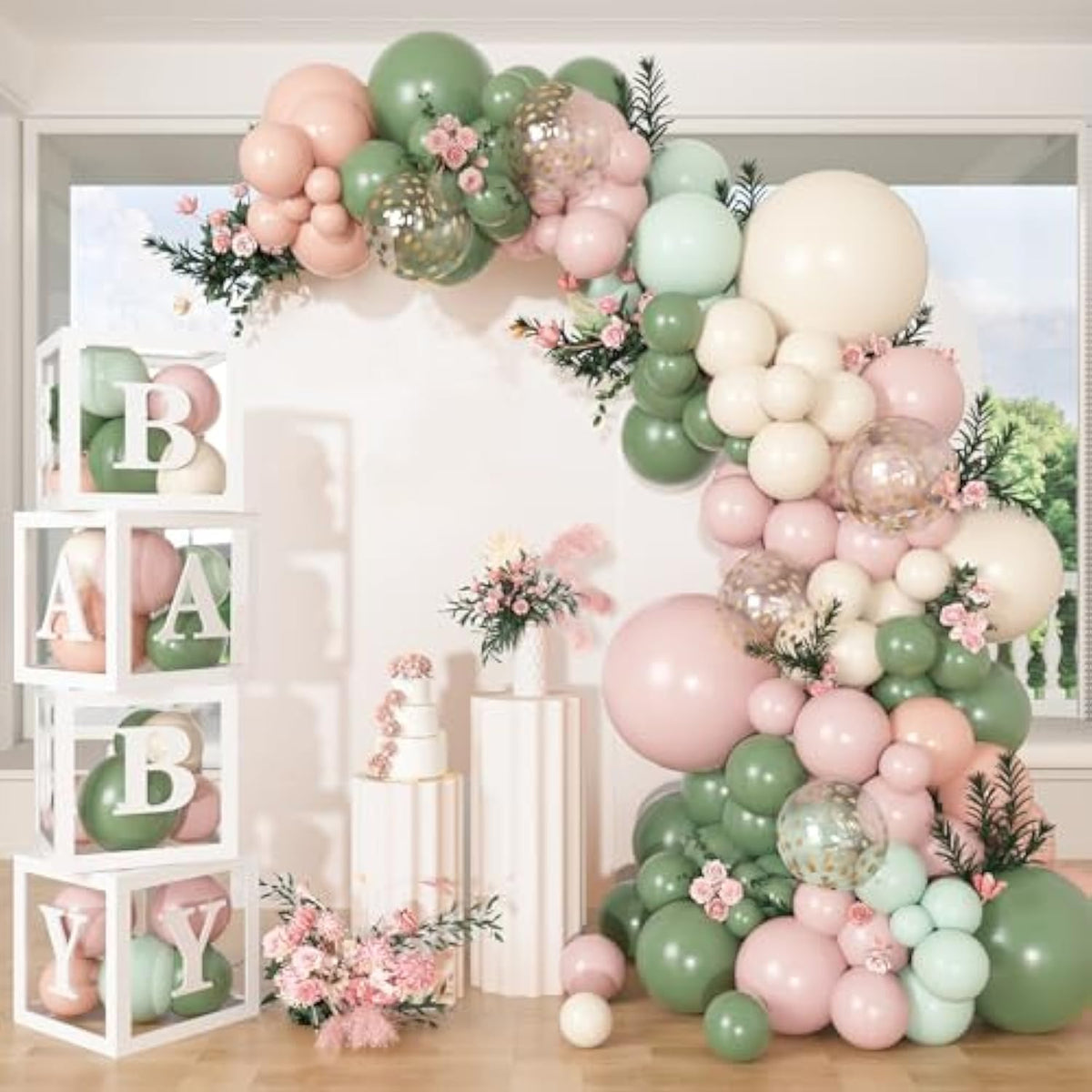 153Pcs Pink And Sage Green Balloon Arch Kit, Baby In Bloom Baby Shower Decorations For Girl Boxes With Letters (A-Z+Baby) For Boho Floral Baby Shower Birthday Gender Reveal Party Supplies