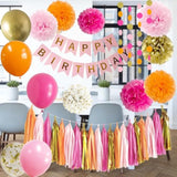Pink & Orange Birthday Decoration Set: Banner, Balloons, Tassels, Pom Poms