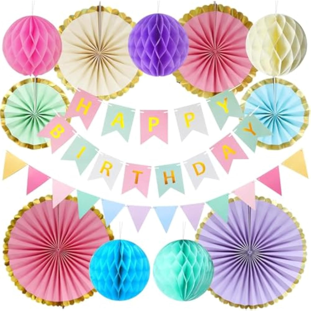 Pastel Birthday Party Decorations Macaron Banner, Paper Fans & Honeycomb Decor