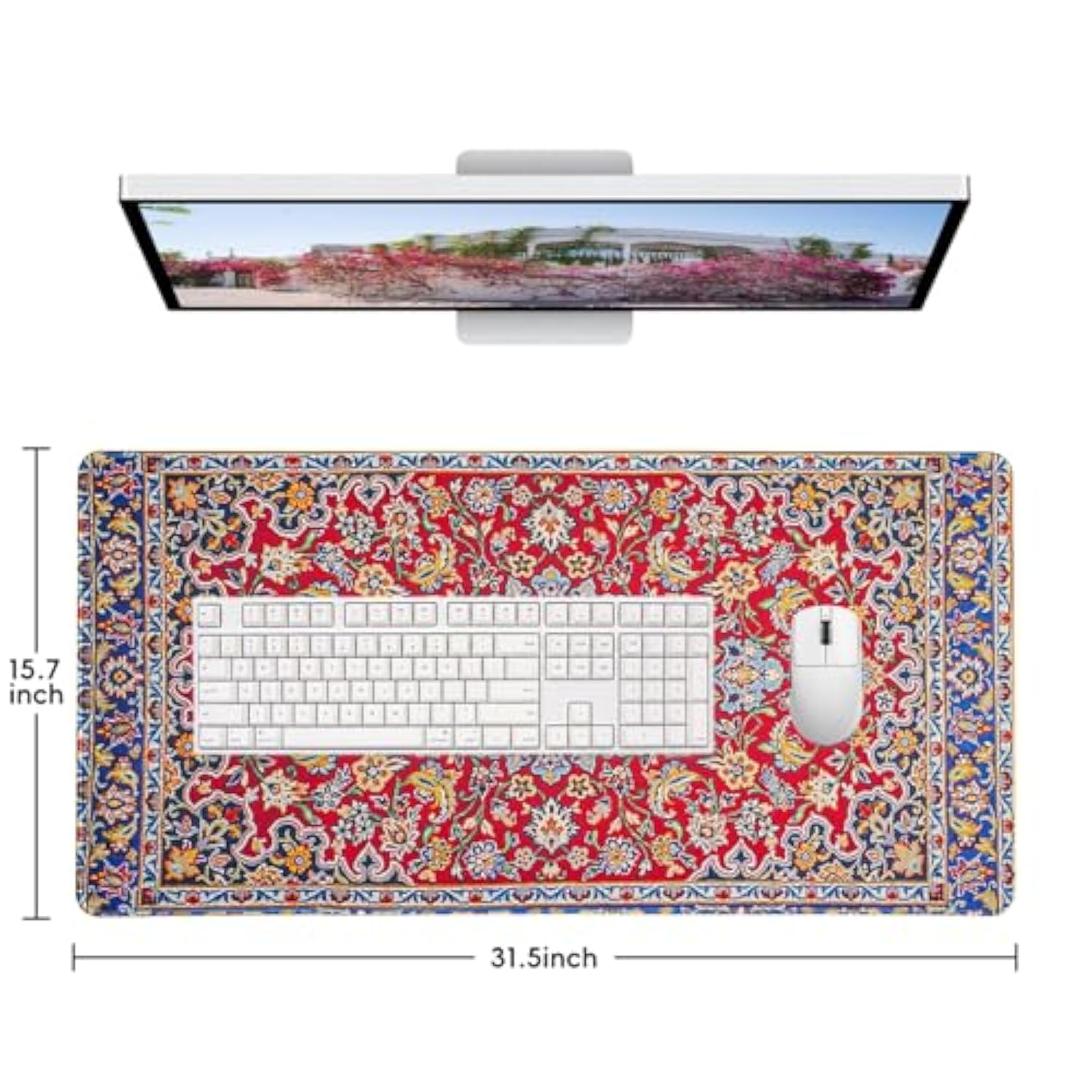 Persian Rug Large Mouse Pad With Stitched Edges, Xxl Thick Waterproof Vintage Retro Boho Mousepad Desk Pad, 31.5"X15.7" Computer Laptop Protector Desk Mat For Desktop With 4Mm Non-Slip Base