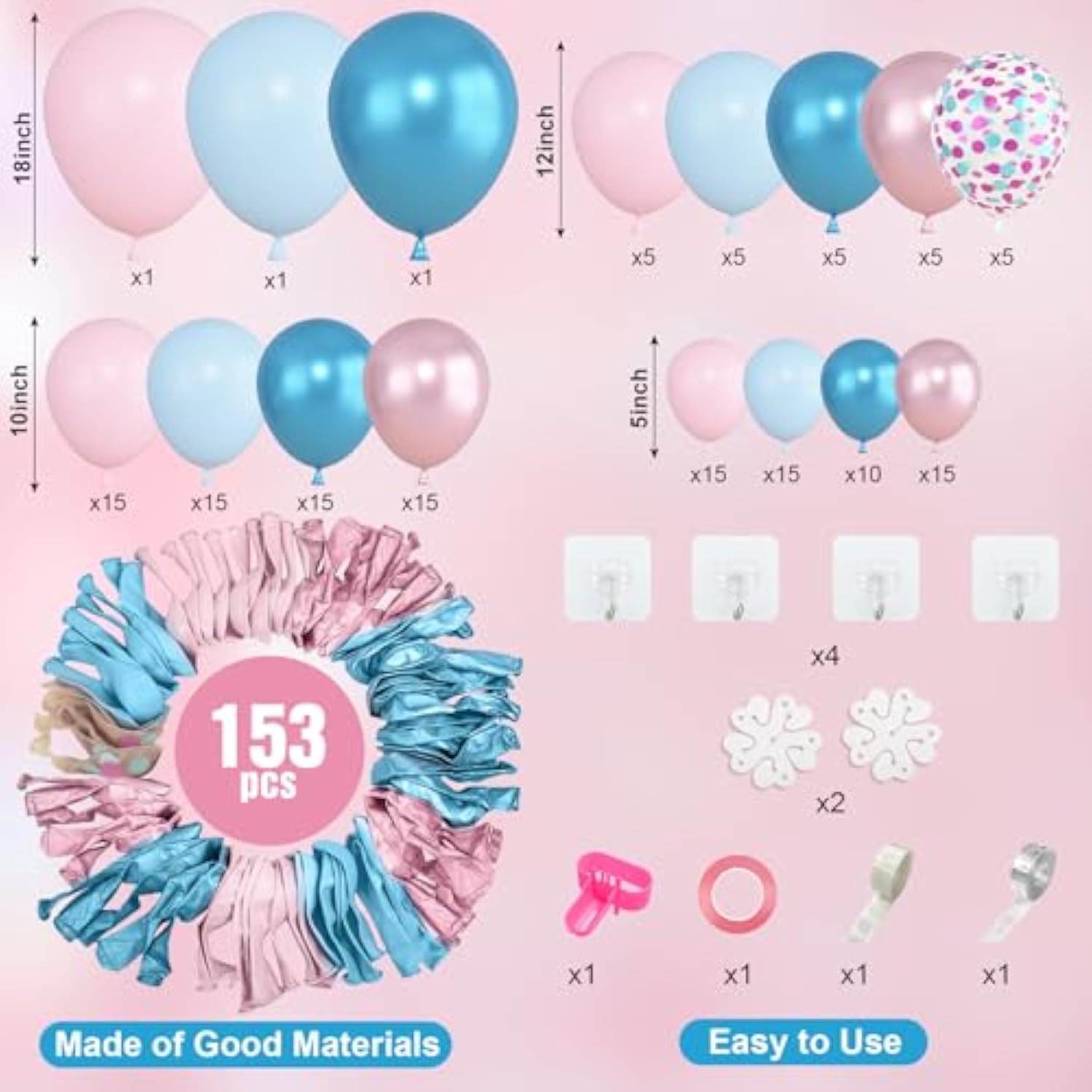 153Pcs Pink Blue Balloon Garland Arch Kit, Different Sizes 18 12 10 5 Inch Metallic Pink Blue Latex Confetti Balloons For Boy Girl Gender Reveal Neutral Baby Shower Birthday Party Decoration