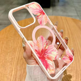 Magnetic For Iphone 13 Case & Iphone 14 Case [Compatible With Magsafe] Cute Trendy Hibiscus Flower Pattern Design For Summer Hawaiian, Shockproof Protective Cover For Girls Women-Pink
