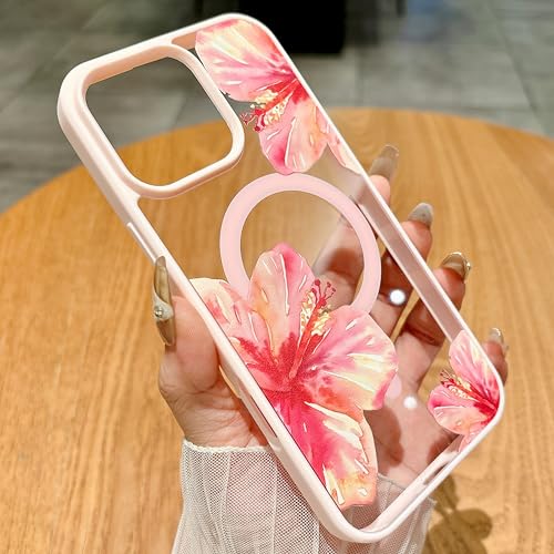 Magnetic for iPhone 15 Case [Compatible with MagSafe] Cute Trendy Hibiscus Flower Pattern Design for Summer Hawaiian, Translucent Shockproof