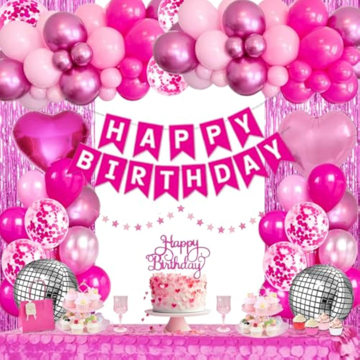 Pink Birthday Party Decorations For Women Girls With Happy Birthday Banner Paper Pompoms Fringe Backdrop Star Garland Hot Pink Balloons Princess Décor