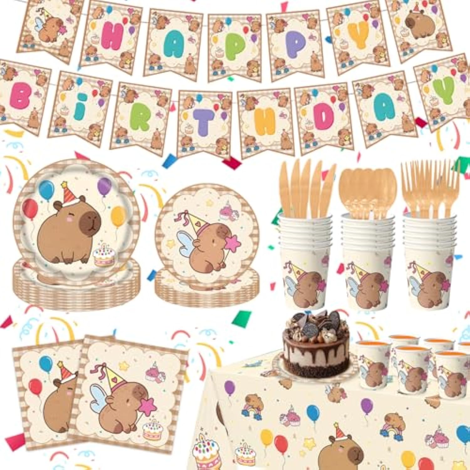 Capybara Birthday Party Decorations, 182Pcs Capybara Party Tableware Set, Capybara Party Supplies Including - Plates, Cups, Napkins, Tablecloth, Cutlery & Happy Birthday Banner, Serves 24
