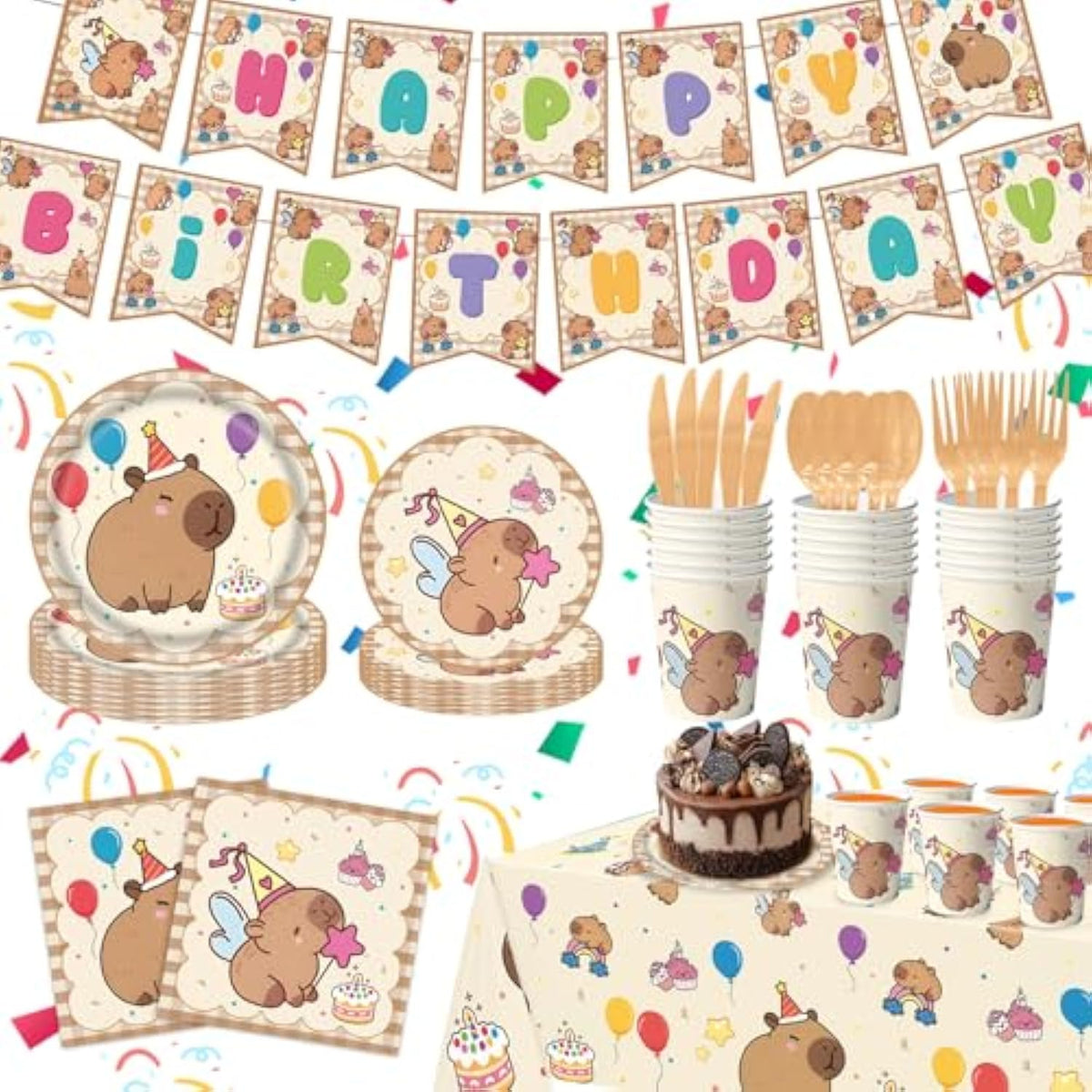 Capybara Birthday Party Decorations, 182Pcs Capybara Party Tableware Set, Capybara Party Supplies Including - Plates, Cups, Napkins, Tablecloth, Cutlery & Happy Birthday Banner, Serves 24
