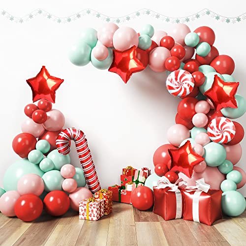 Christmas Balloons Arch Kit - Christmas Balloons Red and Mint with Candy Cane Mylar Balloons with Candy Cane for Xmas Decorations
