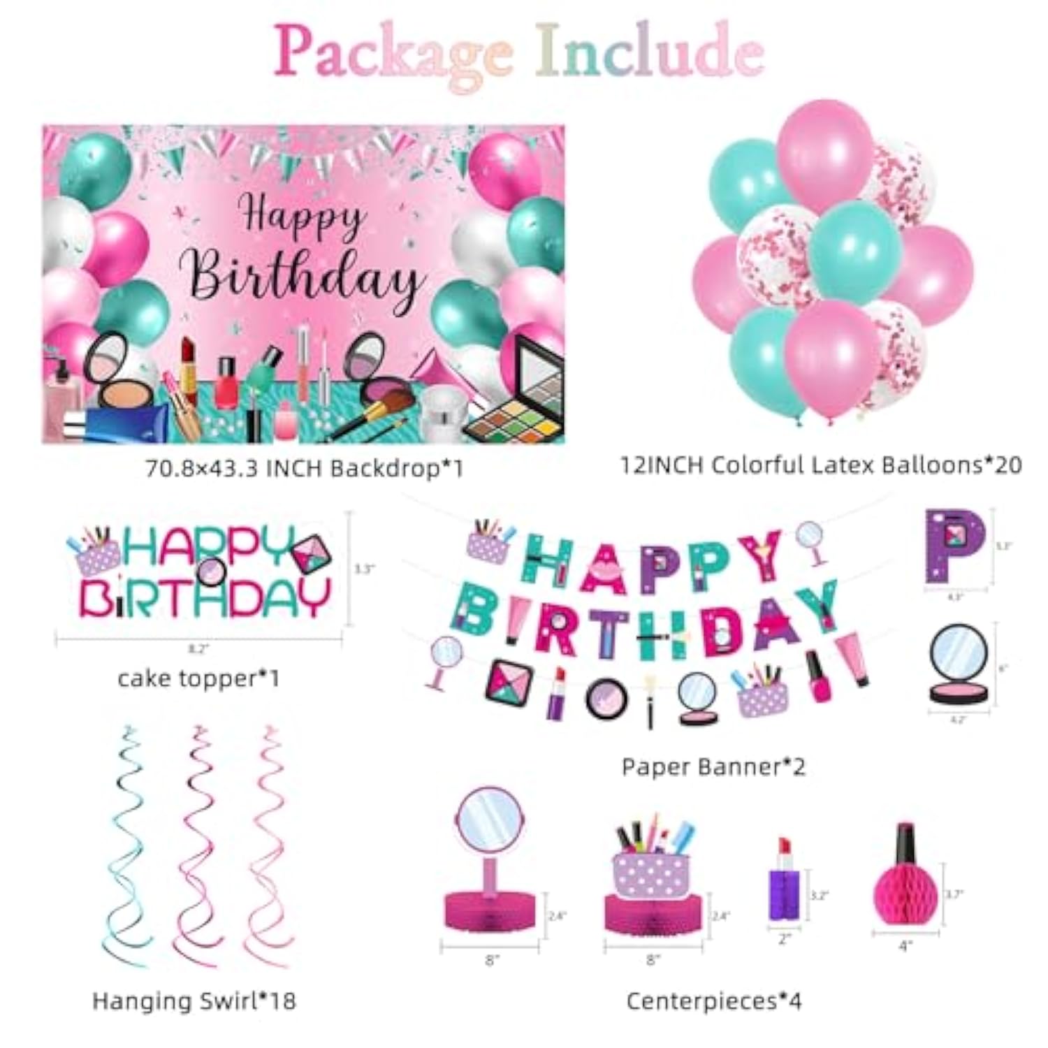 Makeup Birthday Party Decorations - 46Pcs Kit, Pink Spa Themed Birthday Supplies With Banner, Balloons, Cake Topper
