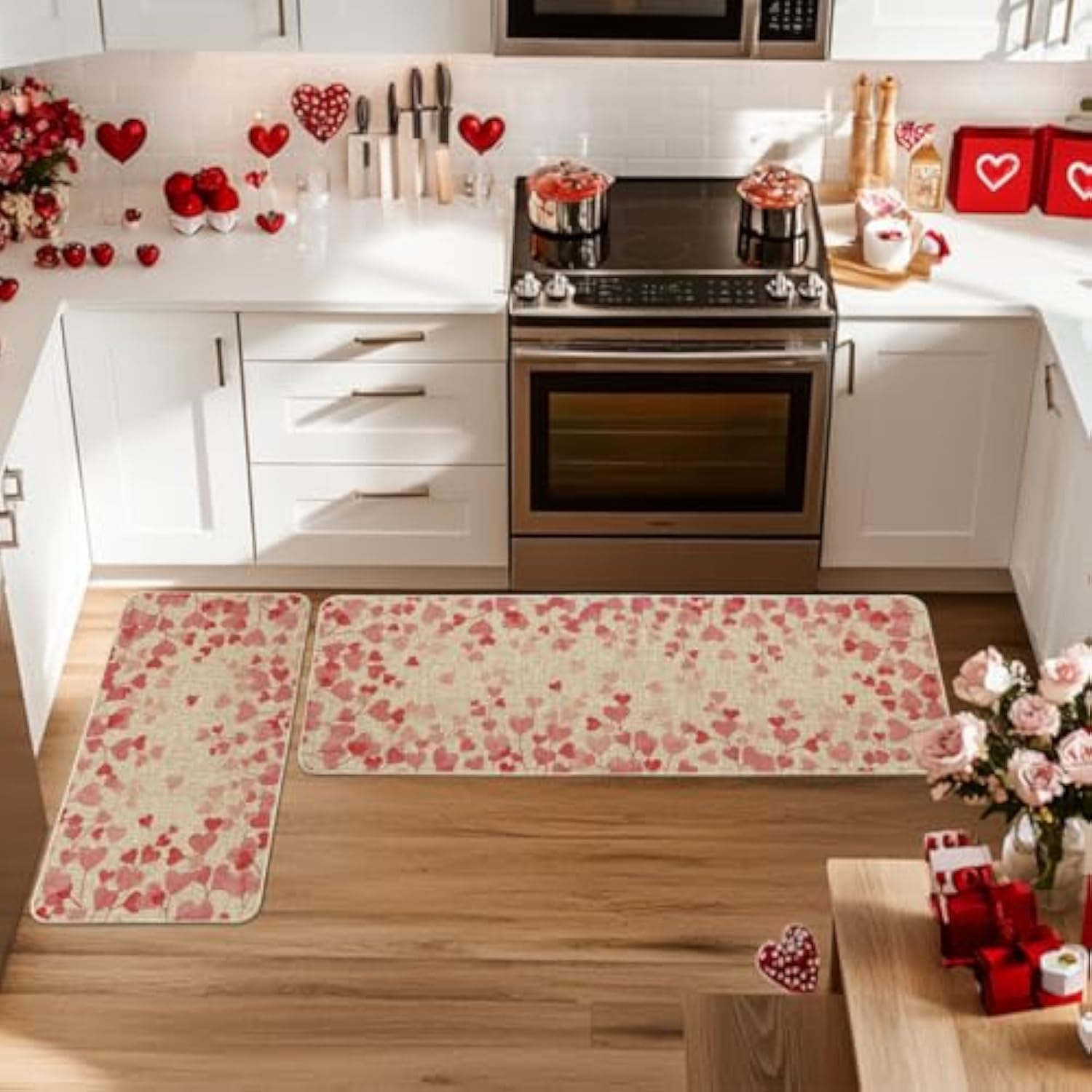 Pink Love Heart Valentines Kitchen Mats Set Of 2, Home Decor Low-Profile Kitchen Rugs For Floor - 17X29 And 17X47 Inch