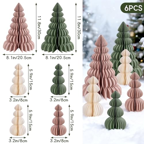 6PCS Paper Christmas Tree, Honeycomb Trees Table Centerpiece with Magnetic Closure, Sage Green and Dusty Pink Christmas Tree Decor for Mantel Xmas Tabletop Centerpiece