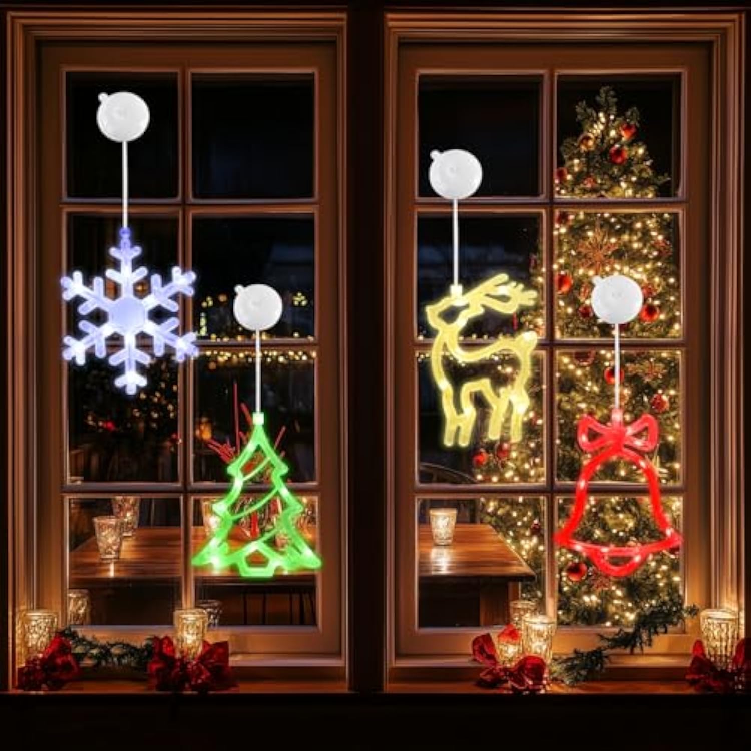 Christmas Decor Window Lights With Suction Cups, Battery Operated Indoor Hanging Lights, 4 Packs
