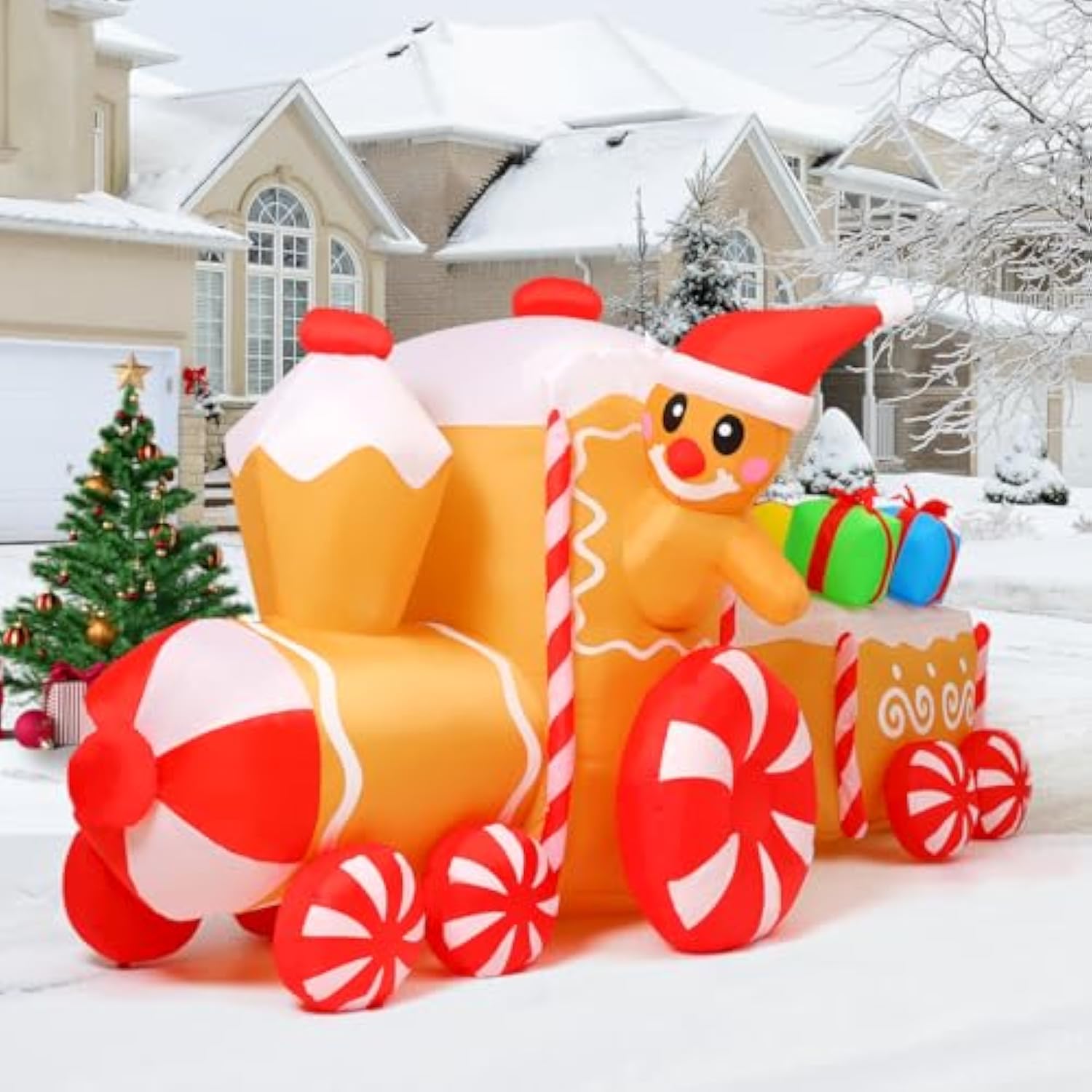 9 Ft Length Christmas Inflatables Outdoor Decoration Blow Up Gingerbread Man Train With Built-In Leds For Indoor Yard Ga