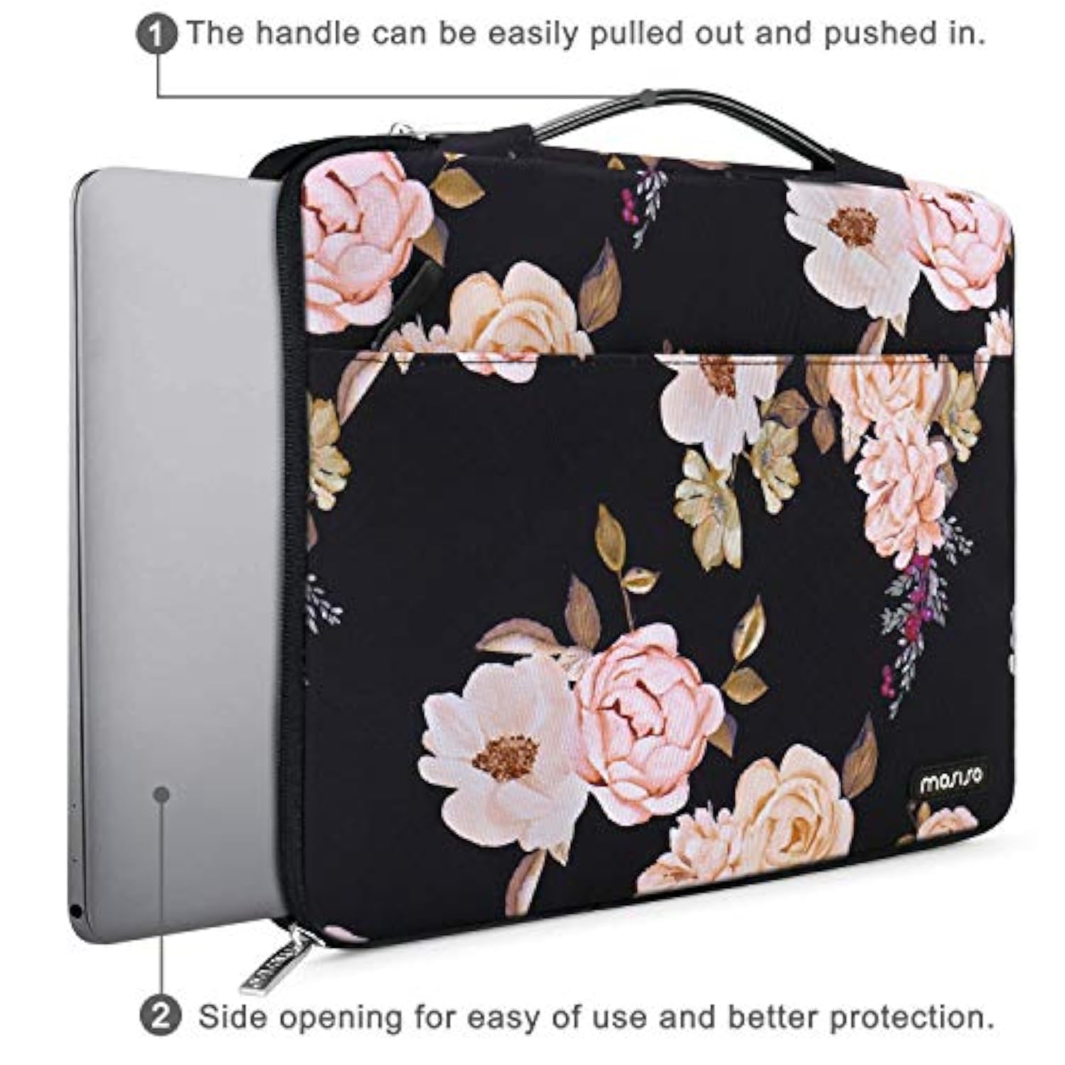 MOSISO 360 Protective Laptop Sleeve Compatible with MacBook Air 13 inch M2 A2681 M1 A2337 A2179 A1932 2023-2018/Pro M2 M1 A2338 A2251 A2289 A2159 A1989 A1706 A1708, Peony Bag with Belt, Black