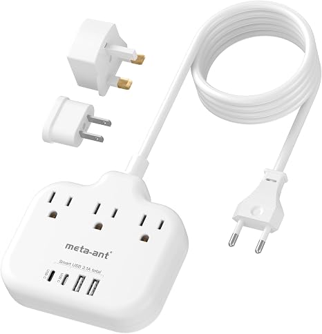 International Travel Power Strip 3 Outlets 4 USB 2 USB C 5FT Adapter White