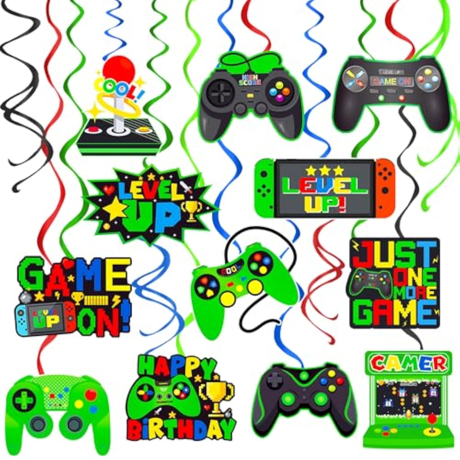 Green Video Game Hanging Swirls 20Pcs Gamer Birthday Party Decorations Game On Birthday Hanging Decoraiton Gaming Ceiling Streamers For Game Level Up Party Supplies